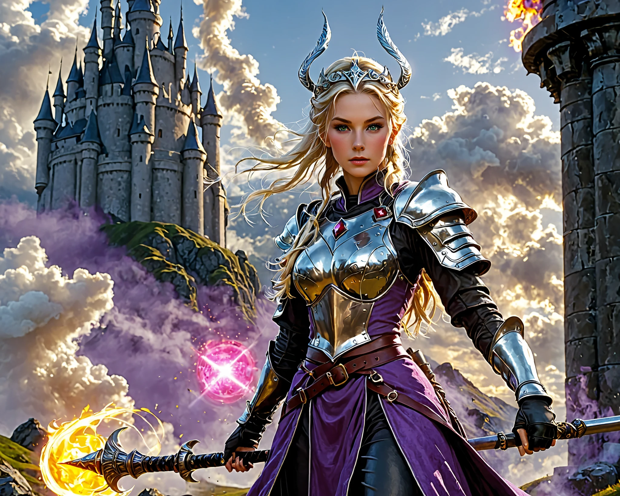 War mage princess, 24 years old, she is wearing a purple robe and black linen trousers. She is wearing steel armor over her robe, Steel arm and leg guards are tied with leather straps. She has blonde hair tied in a bun and green eyes and a silver tiara on her head. She holds an A in both hands,5 meter tall mithril staff with a large ruby set at the top. The ruby is glowing, a massive fireball is forming above the staff.
2 members of the royal guard are standing behind her, they are holding halberds in their hands and are wearing full plate armor with helmet and visor.
They are standing on a hill, it is about. 2 p.m. but cloudy and clouds of smoke can be seen in the background.