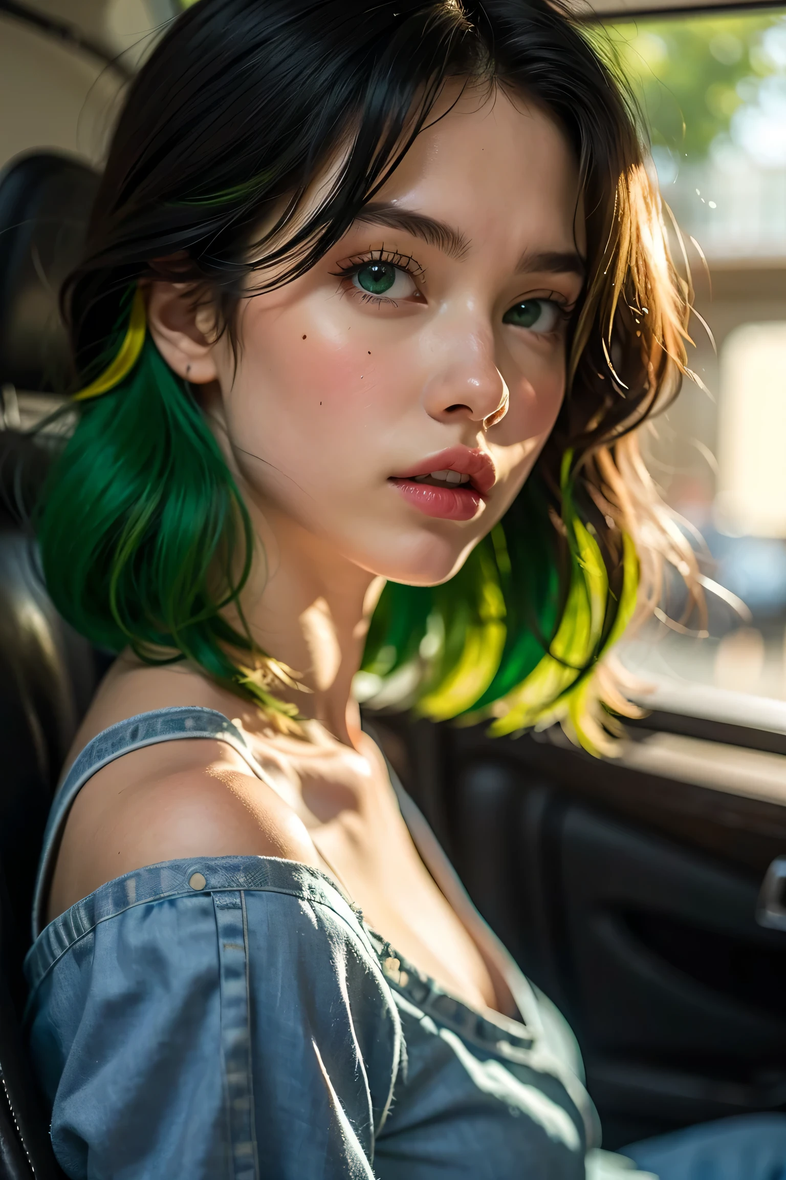 photorealistic looking at the spectator, blows, cabello negro, 1 girl, hair between the eyes, closed mouth , happy, green eyes, male focus , multicolored hair, Japanese clothing , Lips, tabs , retrato, foreground, Haori, uniforme de Demon Slayer, short denim pants
