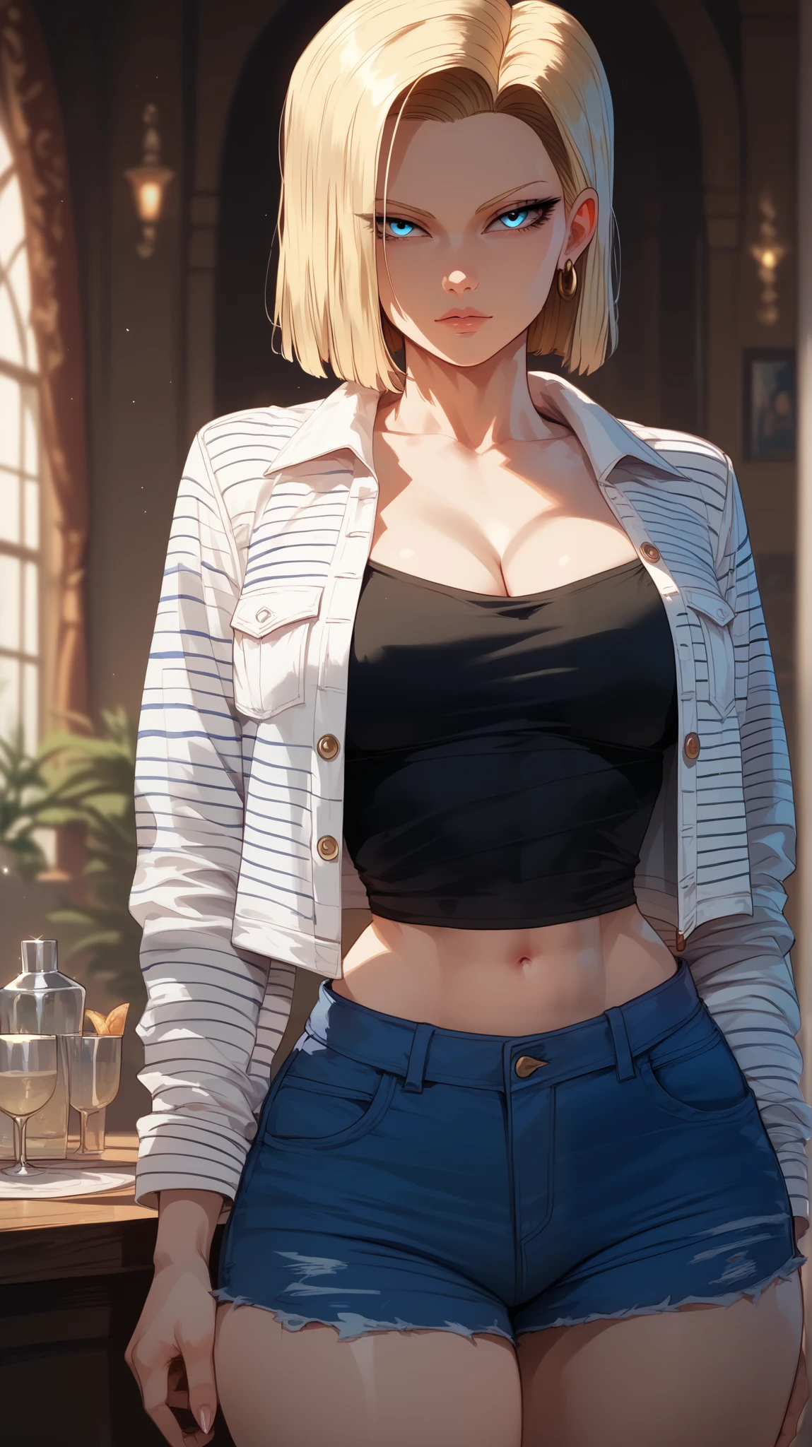 Android 18 style, perfect eyes, perfectly sexy face, ultra detailed, ultra perfect eyes , big beautiful woman , standing, dark blue shorts, Body, Looking at the viewer,