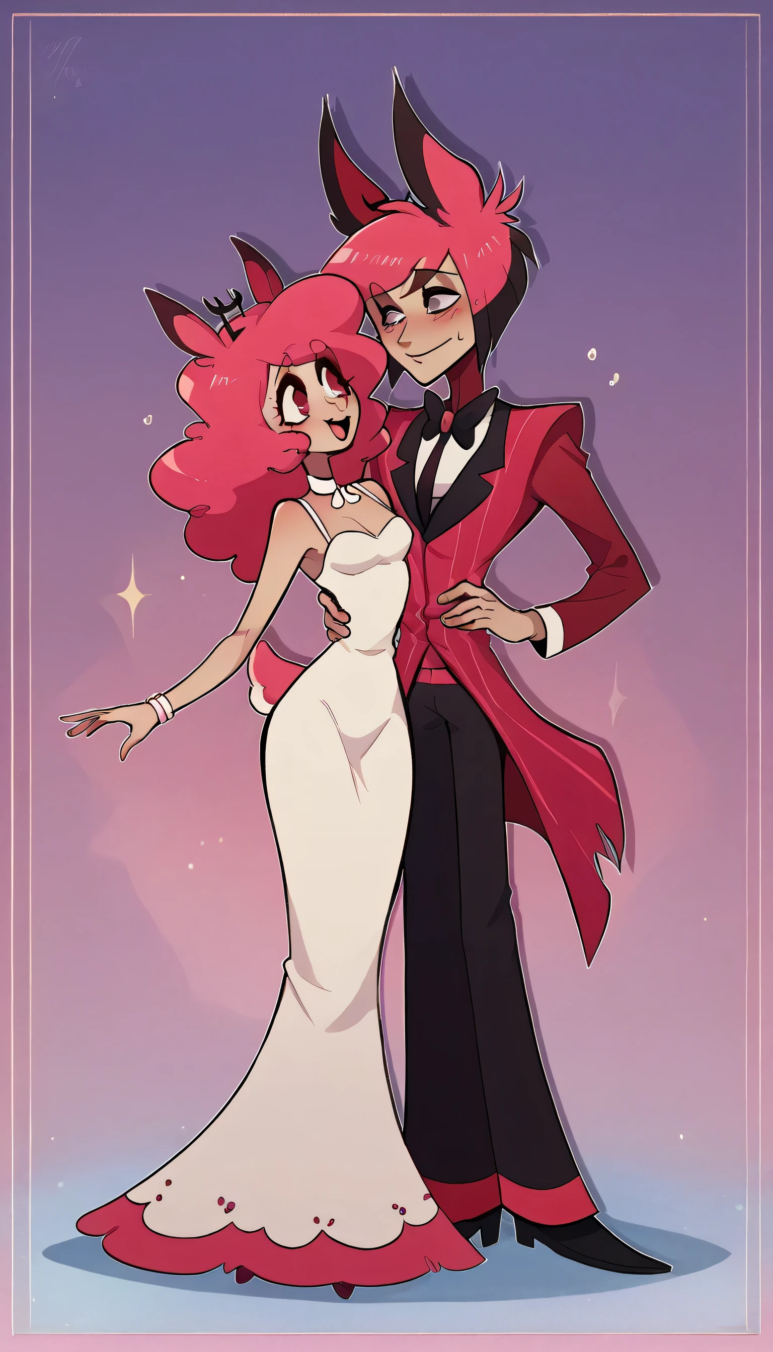 better quality, very detailed illustration , ( Anthropomorphic furry sheep:1,7) ,two people, boy and girl, couple, short ruffled voluminous bouncy hair , playful look, delgado, ideal body, thin waist , wide hips, simple drawing, Artifyber style , pastel flat colors , sideless floor length white dress, suit and tie, fancy, human man, Alastor, animal ears