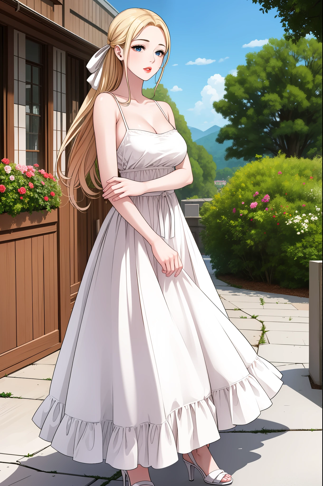 An extremely gorgeous beautiful feminine mother with blonde hair and a tied white ribbon, extremely fair white skin, big blue eyes, and plump red lips. She has a plain thin slim body and, small breasts. She's wearing a floor-length simple white floral dress with spaghetti straps and, heels. Standing straight, with a plain kind smile, a garden background, and, show full body.