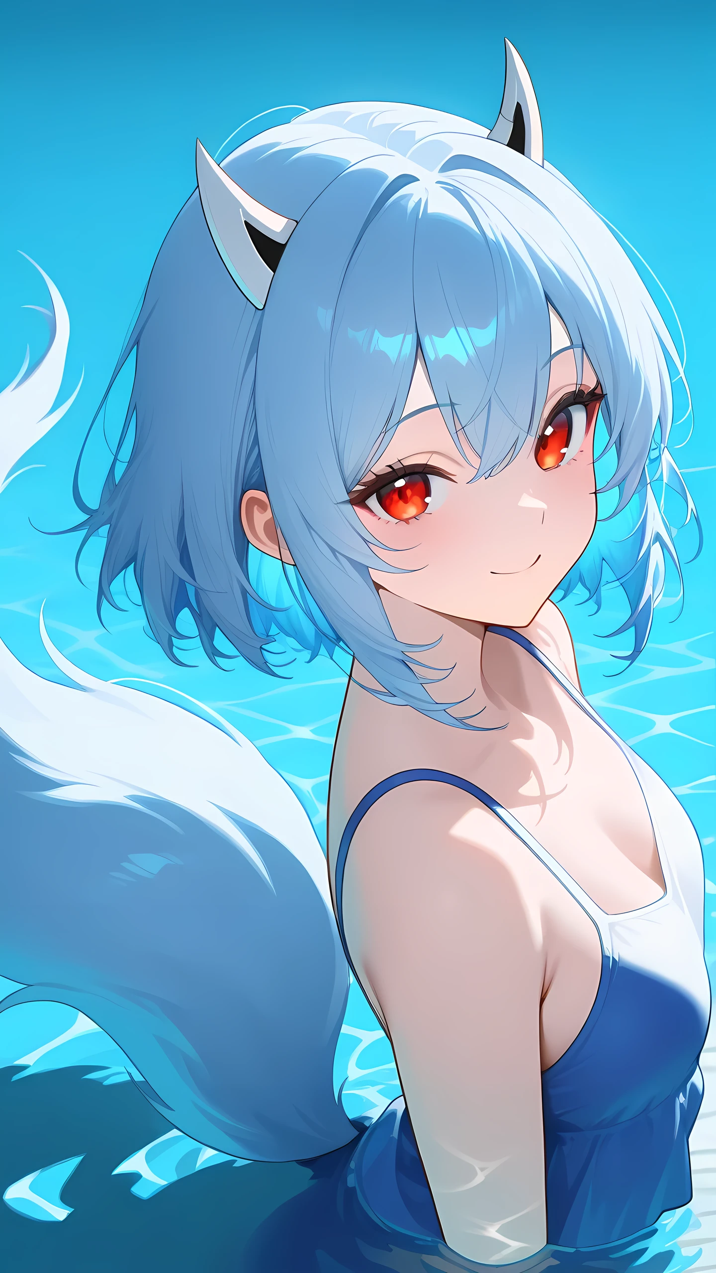 masterpiece, best quality, newest, absurdres, highres, Portrait of Smiling Rei Ayanami (fox demon), fox tail, Caustics, High resolution illustration, Red eyes, feminine,, blue hair,, Shadow flat illustration, The art of math, Popular topics on ArtStation, Very detailed, fine details, complex, neon color
