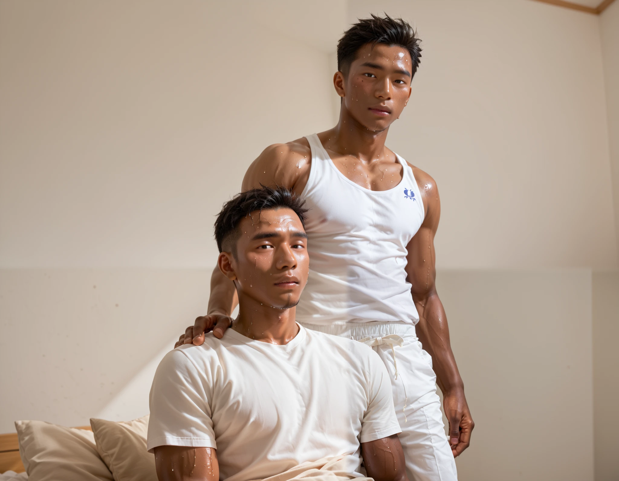 Japanese and Southeast Asian faces, dark skin, shibeyuuji , ash kethcum, boy , shibayuuji stil, anime style, sweat, boy 、 mole, grown jaw