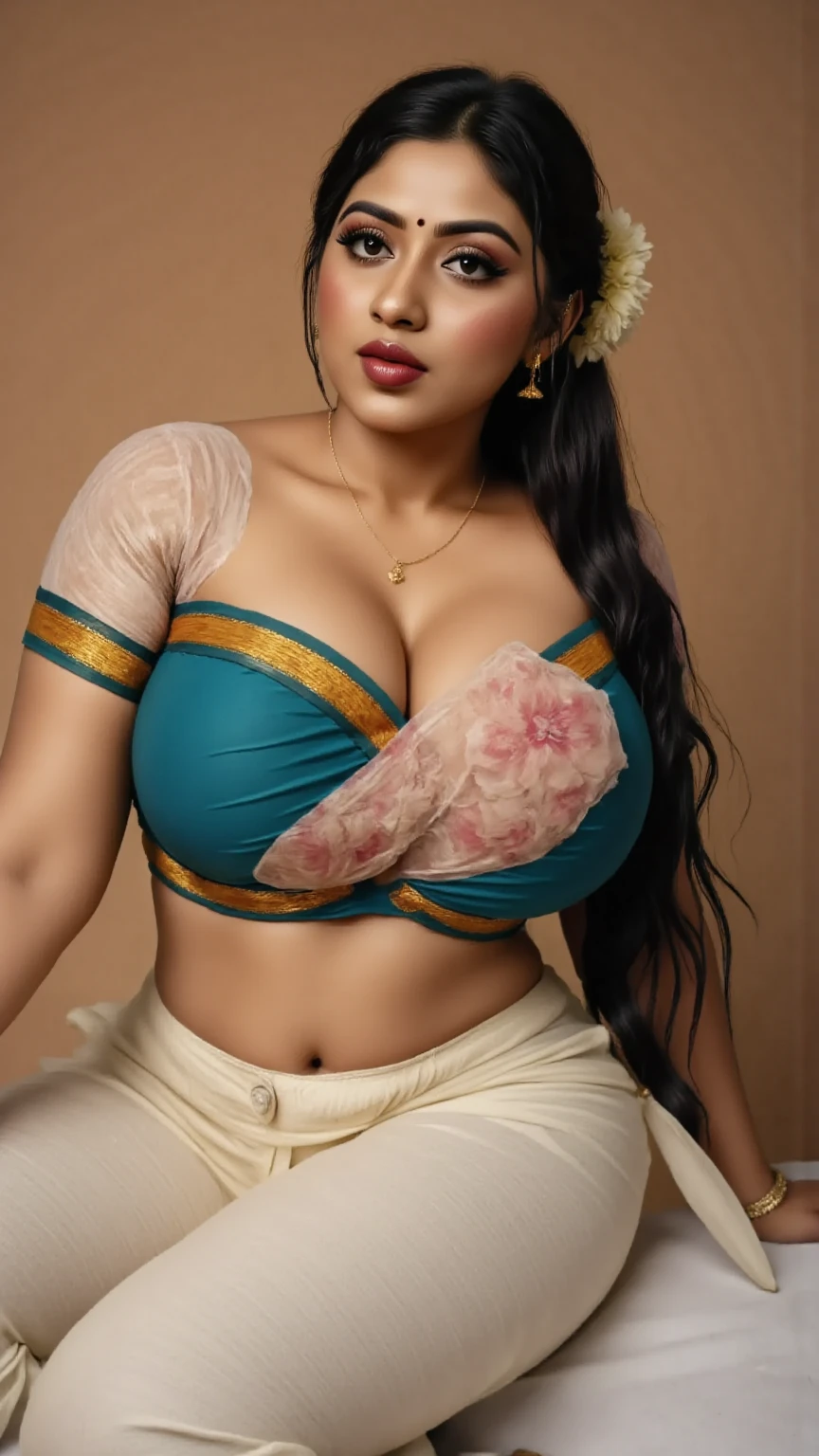 Portrait of A very fair confident-looking Indian woman with long flowing hair, with flowing capes, 36d, sitting on the bed, nude, focus on breast, perfect composition, hyperrealistic, super detailed, 8k, high quality, trending art, trending on artstation, sharp focus, studio photo, intricate details, highly detailed, deep cleavage, camera from side, show full body