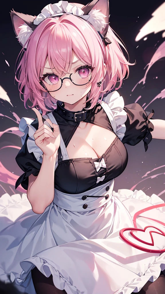 Stylish maid cafe、
Pink Hair Color、Pink Bob Cut、Short Hair、Cat ears on、Wearing glasses、Wearing a mini maid outfit、Face is red from being scolded、Full body image from the front、high resolution、Medium breast、My cheeks are red.、Embarrassed、Feeling embarrassed、