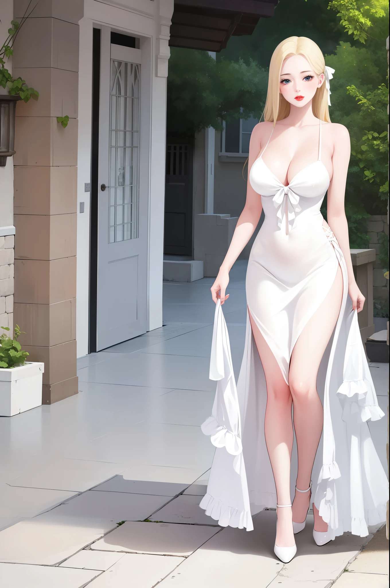 An extremely beautiful stunning woman with a perfect busty body, gold blonde long silky hair, big blue eyes, extremely super bright snow white fair stunning flawless glowing lush shiny flawless white skin, a perfect tight hourglass figure, and a skinny waist, sexy thick smooth luscious legs and thighs, extremely cute smile on the face, bright pink blushes on cheeks, wearing a short sexy tight revealing white bikini with threads, yellow heels, gold necklace on the neck, gold anklets on feet, gold chain on the waist, standing straight, holding a red roses bouquet, beach in the background, show full body from head to feet.