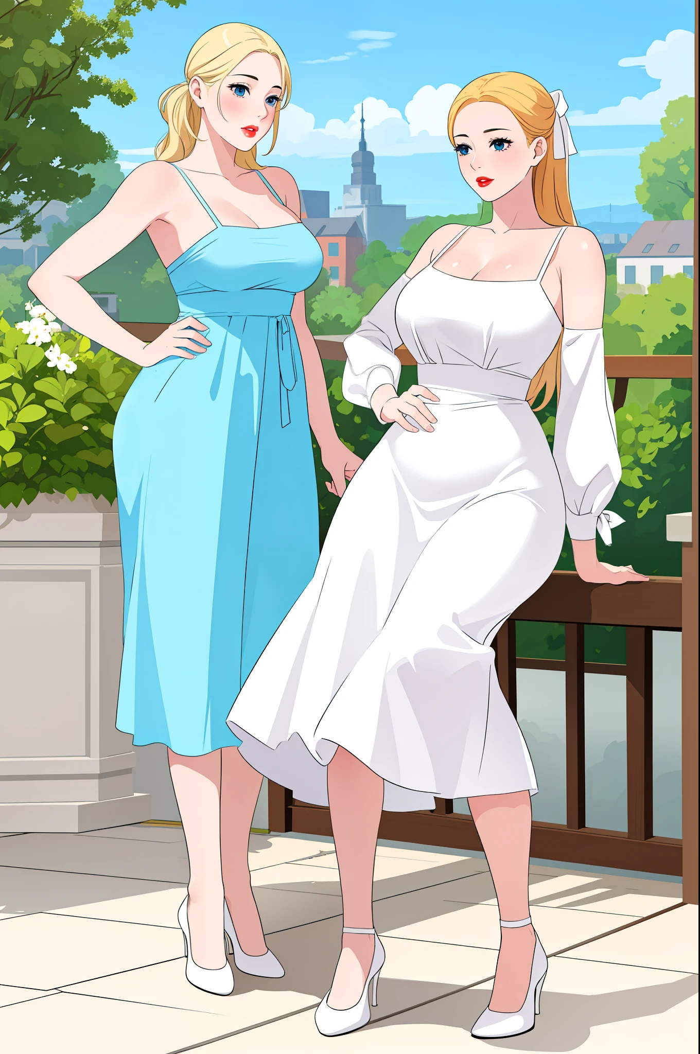 An extremely gorgeous beautiful feminine mother with blonde hair and a tied white ribbon, extremely fair white skin, big blue eyes, and plump red lips. She has a plain thin slim body and, small breasts. She's wearing a floor-length simple white floral dress with spaghetti straps and, heels. Standing straight, with a plain kind smile, a garden background, and, show full body.
