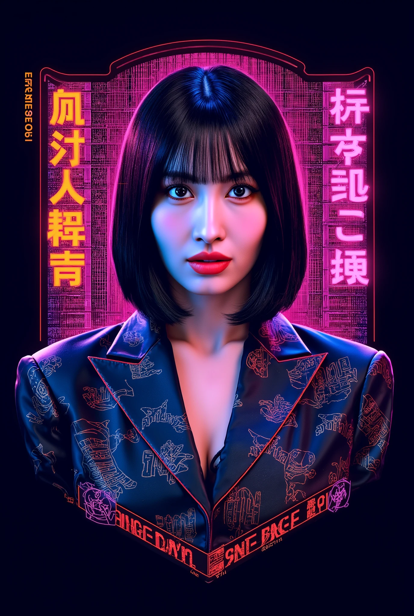 modern logo  Woman cyberpunk 2077 ícon hyper details, Japanese writings, 