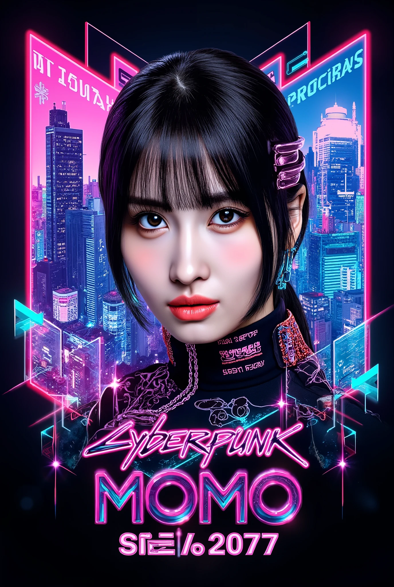 modern logo  Woman cyberpunk 2077 ícon hyper details, Japanese writings, momo, Twice.