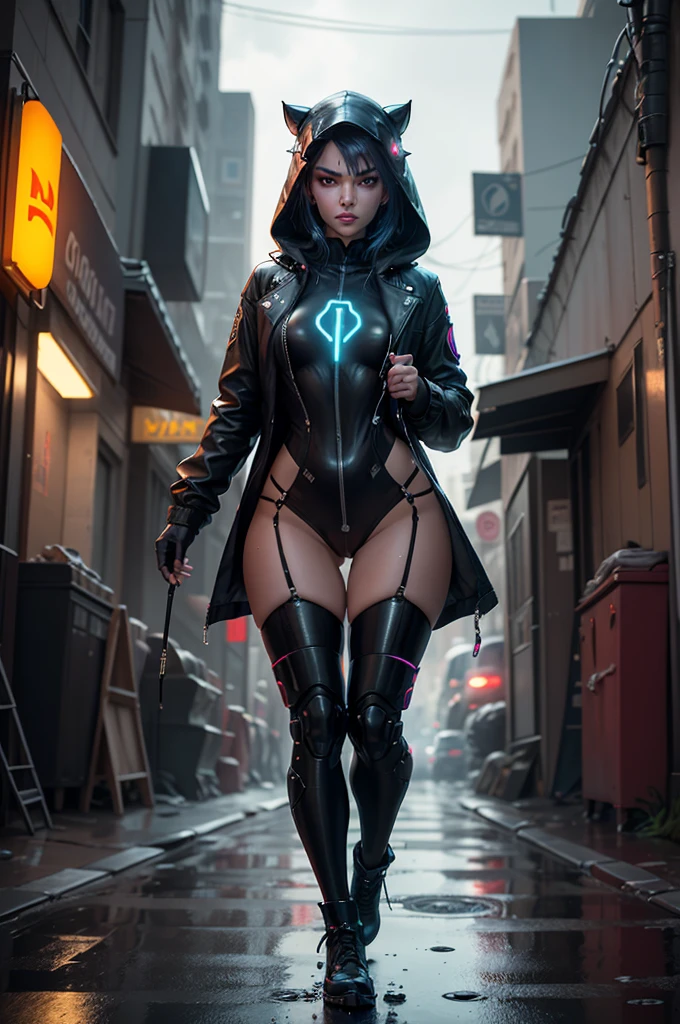 dark Elf, Young woman, cyberpunk, full length, night, rain, neon city, blurred background