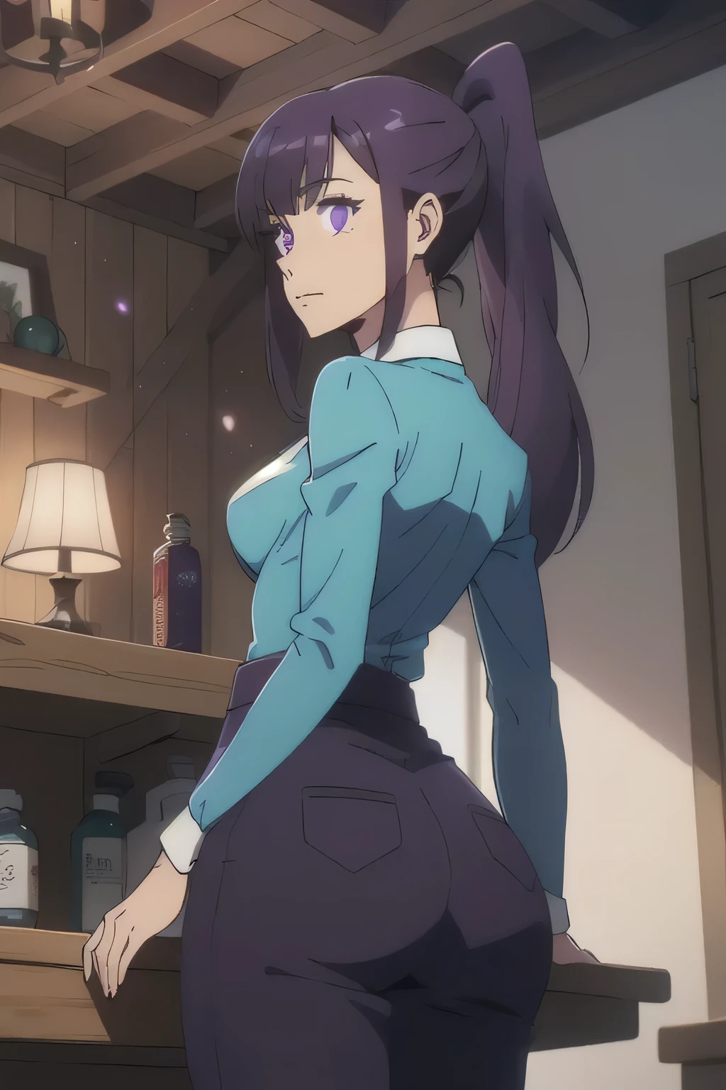 1 girl in, 18, photo of Sung Jinha, Solo Levelling Waifu, photo of perfect woman, Solo, Aesthetic artwork, (long hair, straight purple hair, long ponytail, dark purple hair, bangs: 1.25), (violet eyes, clear skin, fare skin, small breasts, B-cup, runners body, very thin waist, skinny, petite, detailed skin texture, (Masterpiece), (shot from behind, up skirt, focus on ass:1.2), (wearing Triss Merigold cosplay, whole body, standing by a work bench, in a wooden medieval cottage, glowing witch magic potions on shelves, (extremely detailed 8k wallpaper), soft lighting, high quality, film grain, 50mm, High Detail, Sharp focus, (natural light), (cowboy photo:1.2), light particles