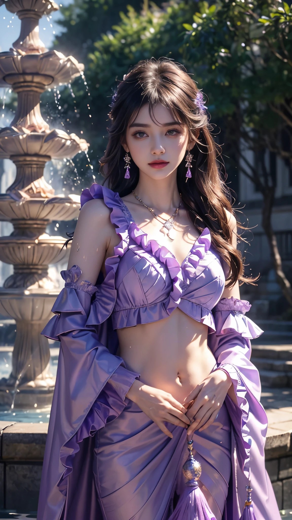  ((best quality)), ((masterpiece)), (detailed), 1 girl, good face, ultra long hair, purple hair, impressive hairstyle, perfect body,, (purple lace dress)), (net lace:1.5), (transparent lace:1), (wearing jewellery:1.5), disney castle background, (rainy weather:1), sitting, 