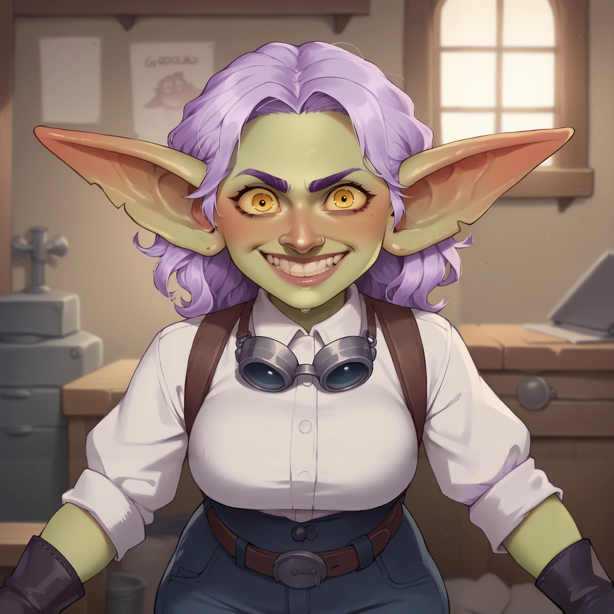 (((beautiful, high quality, comics style, detailed face))), score_9, score_8_up, score_7_up, BREAK, ((Goblin, short stature, shortstack)), 1Girl, hooked nose:1, yellow eyes, crazy eyes, crazy smile, ((lavender hair)), short wavy hair, goggles, action pose, workshop in background, blurred background, DeepNegative_xl_v1, zPDXL3, detailxl, Smooth Quality - Illustriousl