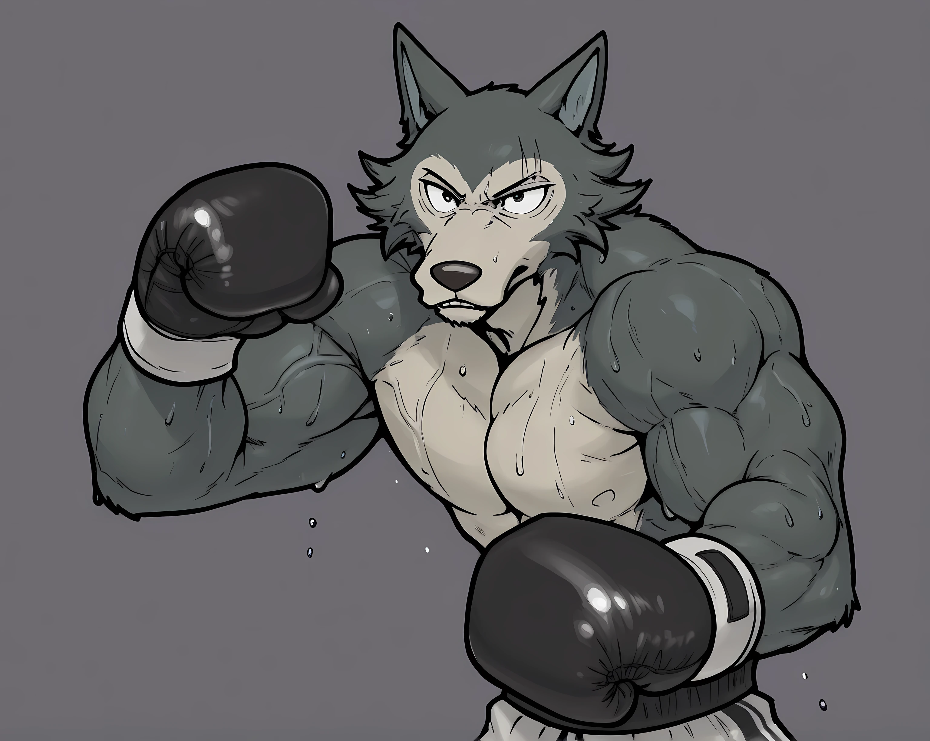 l3gosh1, beastars, male, solo, wolf, muscular, athletic, masculine, (small eyes), flat color, boxing_gloves, boxing_trunks, simple background, sweaty body, veiny arms, bulging muscles, boxing stance, dynamic pose, boxing, (black outline),