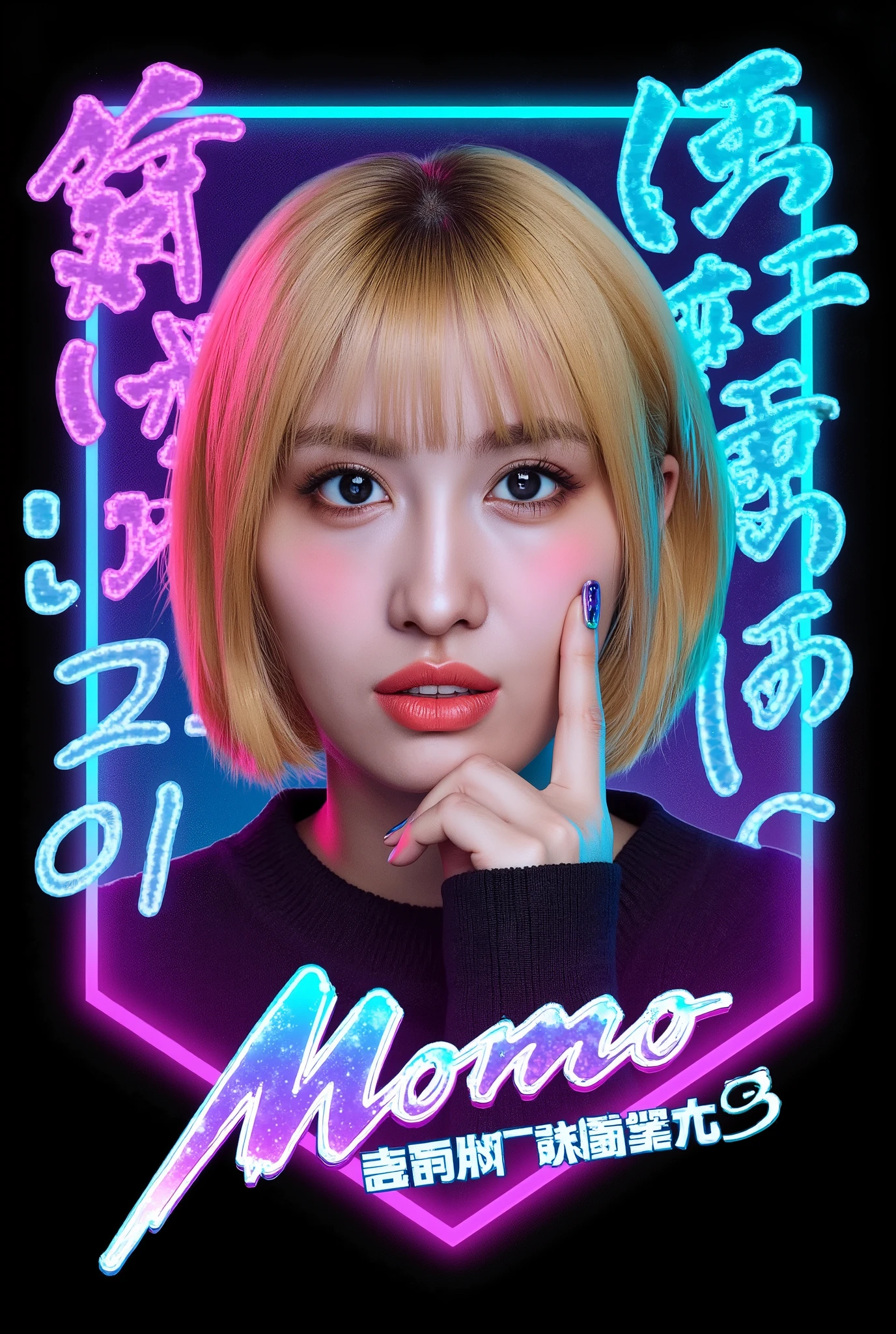 modern logo  Woman cyberpunk 2077 ícon hyper details, Japanese writings, momo, Twice. short blonde hair