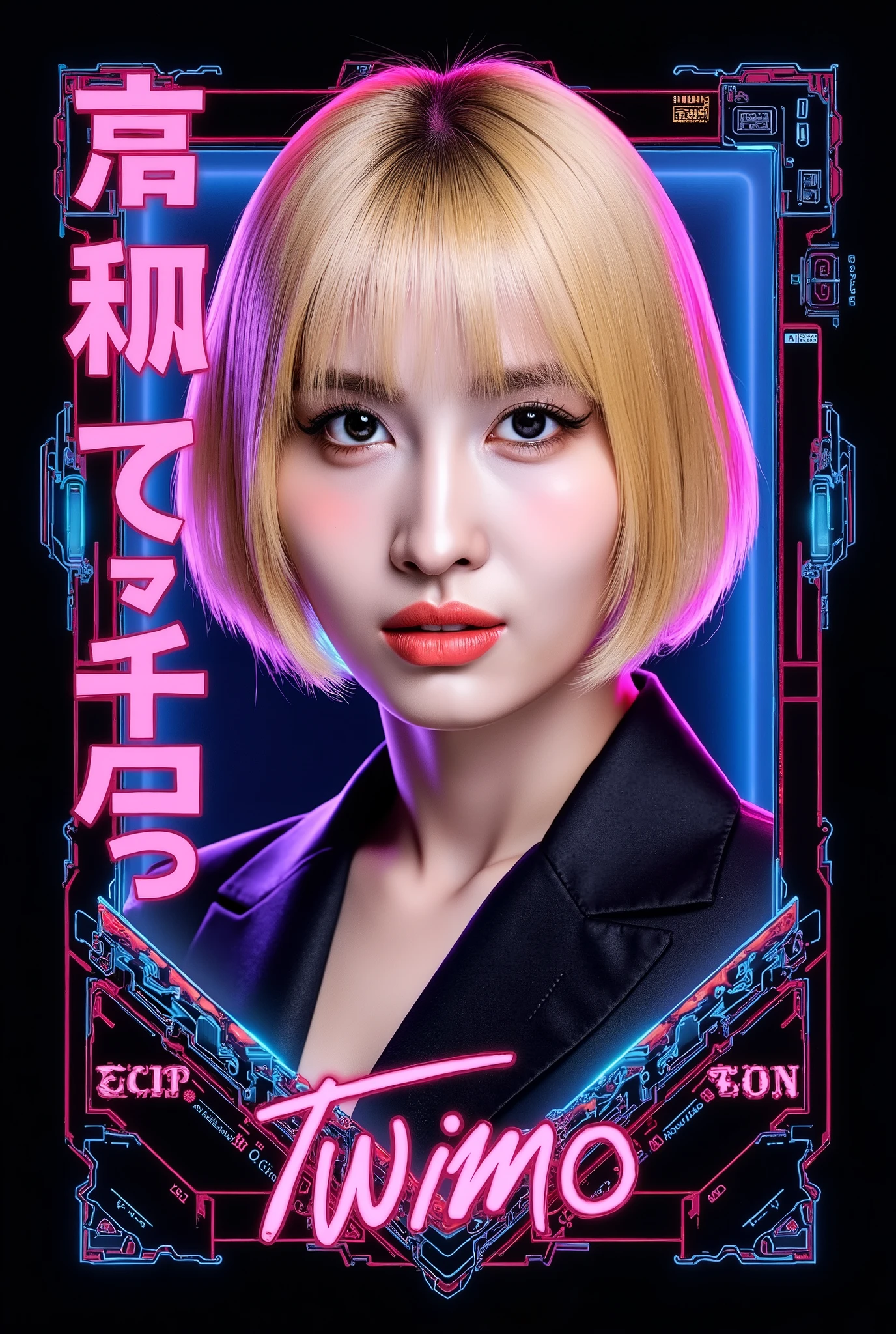 modern logo  Woman cyberpunk 2077 ícon hyper details, Japanese writings, momo, Twice. short blonde hair