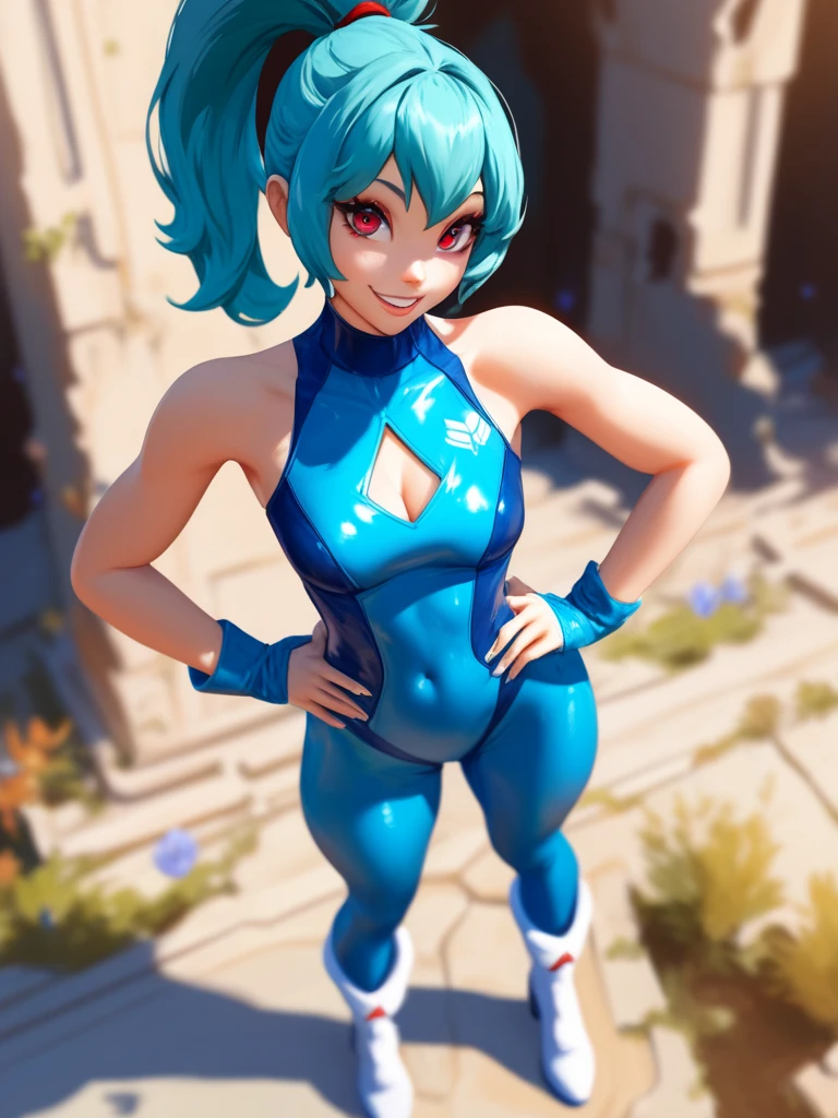 Absurdres, masterpiece, highest quality, very detailed features and textures, alone solo character, anime style, fantasy genre
{{(14 years old blue haired elf girl: (pale skin, short messy spiky blue hair, heterochromatic eyes, very thin lips, nice teenage body, breasts, big butt, beautiful arms, beautiful legs, happy face, open smile, wrestling aggresive pose, hands open), (white Wrestling one-piece leotard, white knee pads, white elbow pads, white wristbands, white long boots), (wrestling gym, white mat, white turnbuckles, red rops, white gym walls, training session)}}