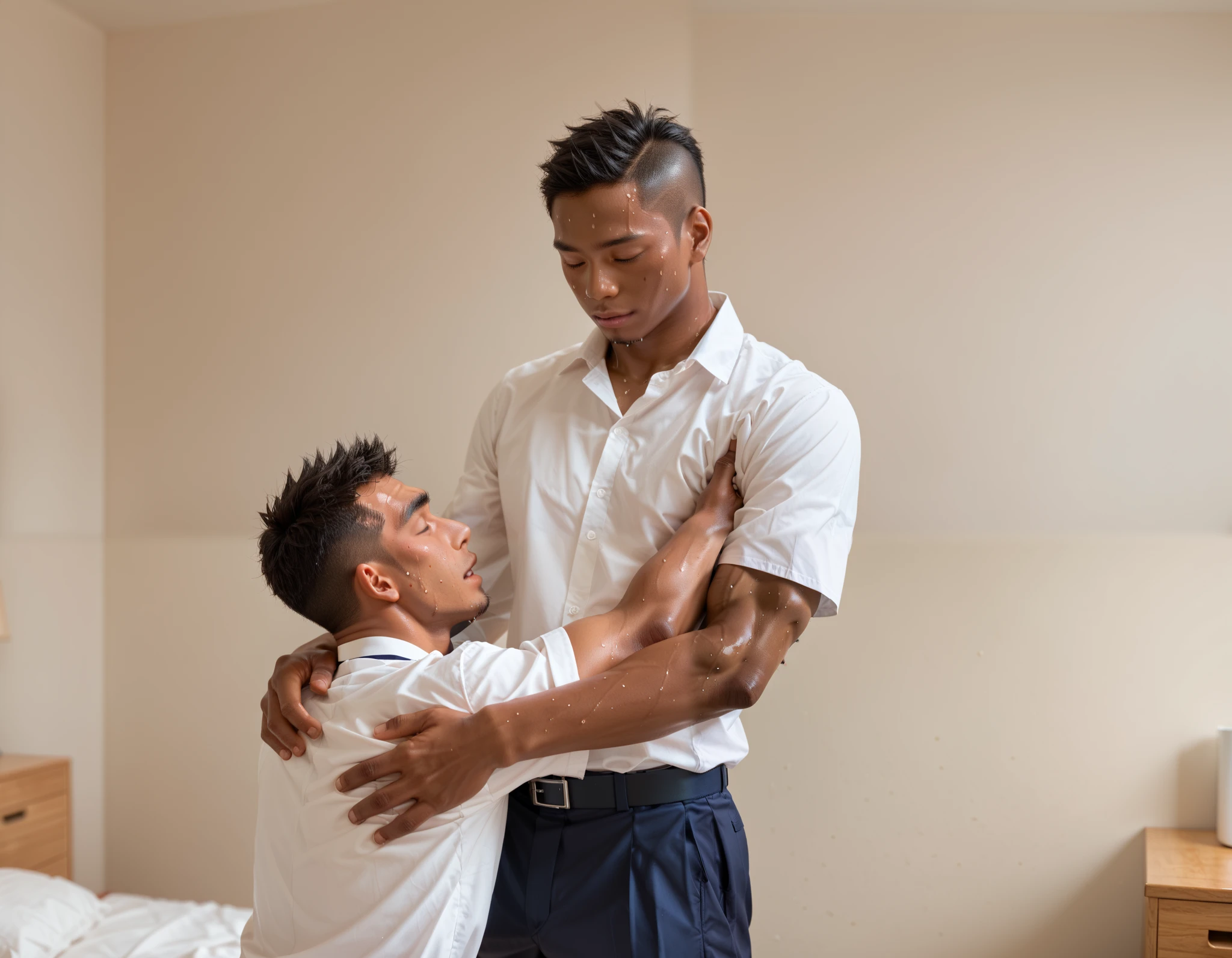  Japanese and Southeast Asian faces, dark skin, shibeyuuji , ash kethcum, boy ,   shibayuuji stil, anime style, sweat, boy 、 mole, grown jaw, multiple boy s, school　 hugging、 hug