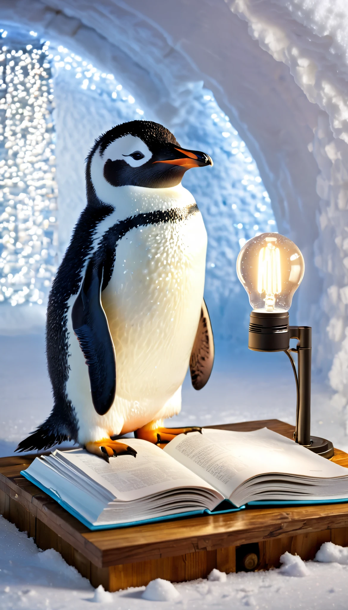 best quality, super high definition , ( photorealistic:1.4), RAW photo, A cute penguin sitting inside a small snowy igloo, holding a fish cookbook, with large sparkling eyes and an excited expression. A glowing light bulb appears above its head to show a bright idea. The igloo interior is cozy, with snow walls, a small lamp, and a little table. The scene is warm and whimsical, emphasizing the penguin's joy and creativity, --with 9:16