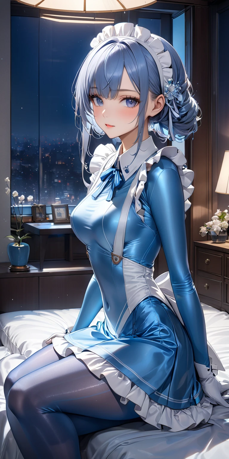 Character Details:, - Gender: 1 Girl. - Style: Anime, - Body Type: Attractive body, slim body, nice legs, slim tights, nice arms, nice shoulders. - Breast: (Small Breast), ((Cleavage)), (??????). - Facial Featureeautiful, Gorgeous, Teenager, Fresh, Young. - Expression: Smile, ((?????)), Pink Blush on Face, Sexy Eyes, Sexy Look, (Sweating:1.4), Innocent Look, Tipsy. - Hairstyle: Blunt Bangs, Long Hair. - Hair Color: Light Blue Hair, Ribbon, Braided. - Clothing: (Short Chinese Dress:1.5), (Off Shoulder:1.1). - Body Pose: (Seiza Pose), - Behaviour: Waiting, Want Something, Secretly. - Accessories: Earrings, Environmental Details:, - Setting: Bed Room, - Lighting: Natural Light, - Decoration: Modern Bed, Pillow, Blanket, Cloth, Silk, Sakura, Flower, Table, Chair, Window, White Curtain, City View. Top view. pov, anime style, UHD, retina, masterpiece, accurate, anatomically correct, textured
