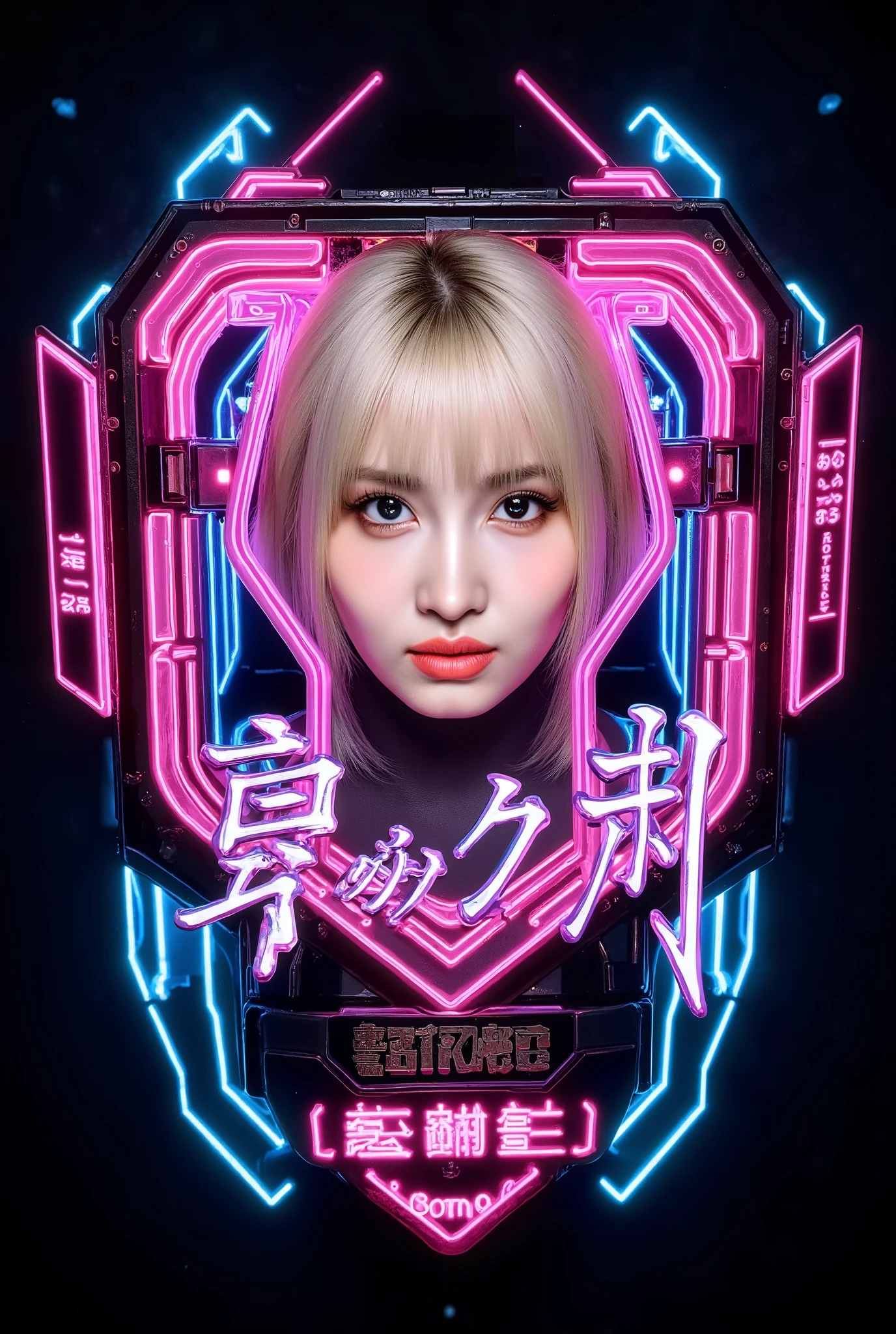 modern logo Woman cyberpunk 2077 ícon hyper details, Japanese writings, momo, Twice. short blonde hair