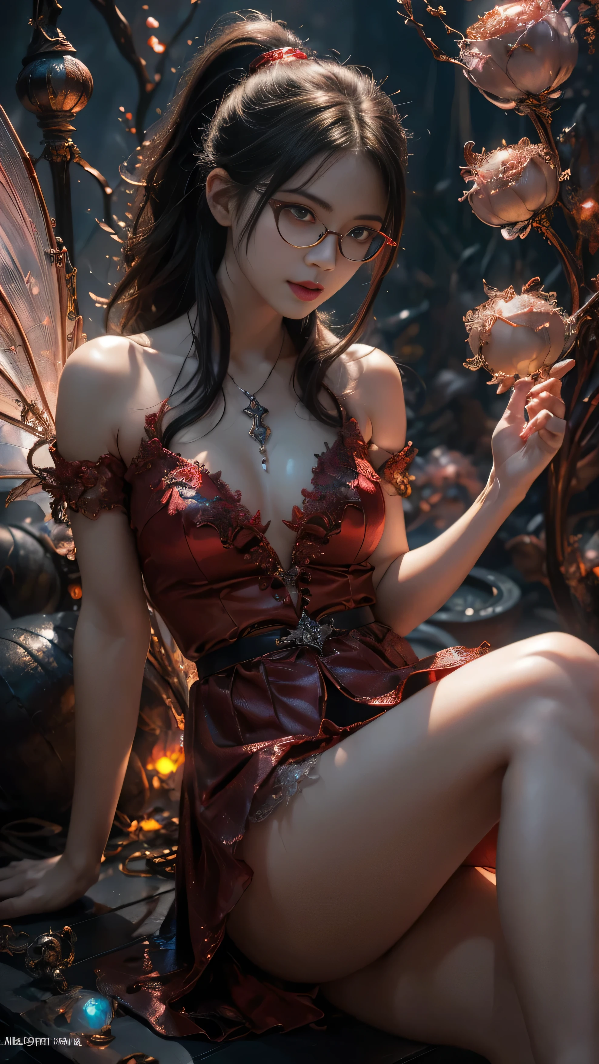 (The best illustrations)、realisitic、ultra-detailliert、The best lighting、Best Shadows、alluring succubus, ethereal beauty, perched on a cloud, (fantasy illustration:1.3), enchanting gaze, captivating pose, delicate wings, otherworldly charm, mystical sky, (Luis Royo:1.2), (Yoshitaka Amano:1.1), Dungeon and Dragon、caves、Dungeon、 A Necromancer、natta、Dark style、Succubus、Devil's Daughter、Bat Wings,(((Demon Hornlack-rimmed round glasses))))、(red eyes glowing:1.6)、beautiful countenance、Tindall Effect、(High Detail Skins:1.2) absurderes、Ponytail distortion、jewely、Beautiful expression、Toned waist、Wide buttocks、Tindall Effectmasuter piece、top-quality、Highest Standards、Top image quality、masutepiece、intricate detailes、High resolution、Depth Field、natural soft light、profetional lighting、Great smile、(High Detail Skin: 1.2)、photorealistic anime girl render、Strong highlights of the eyes、Perfect Anatomy、crotch open、Shy、Spreading your legs、Panties are visible、Skirt flipping、Body shiny with oilerectile nipple))、8K resolution、intricate clothing、Intricate details、Panties visible through the skirt、Panties in full view、Small panties, pink nipple, pink pussy