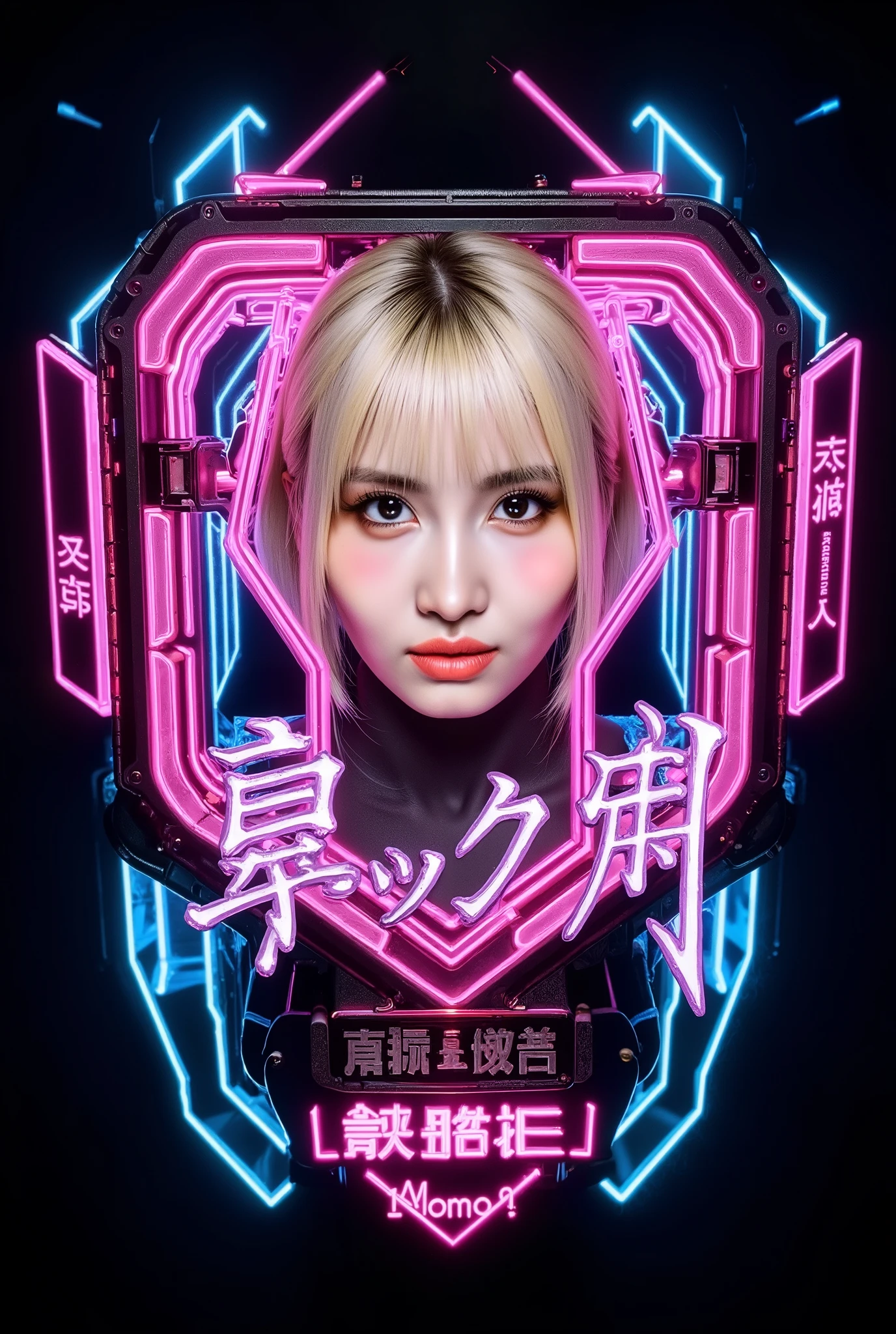 modern logo  Woman cyberpunk 2077 ícon hyper details, Japanese writings, momo, Twice. short blonde hair