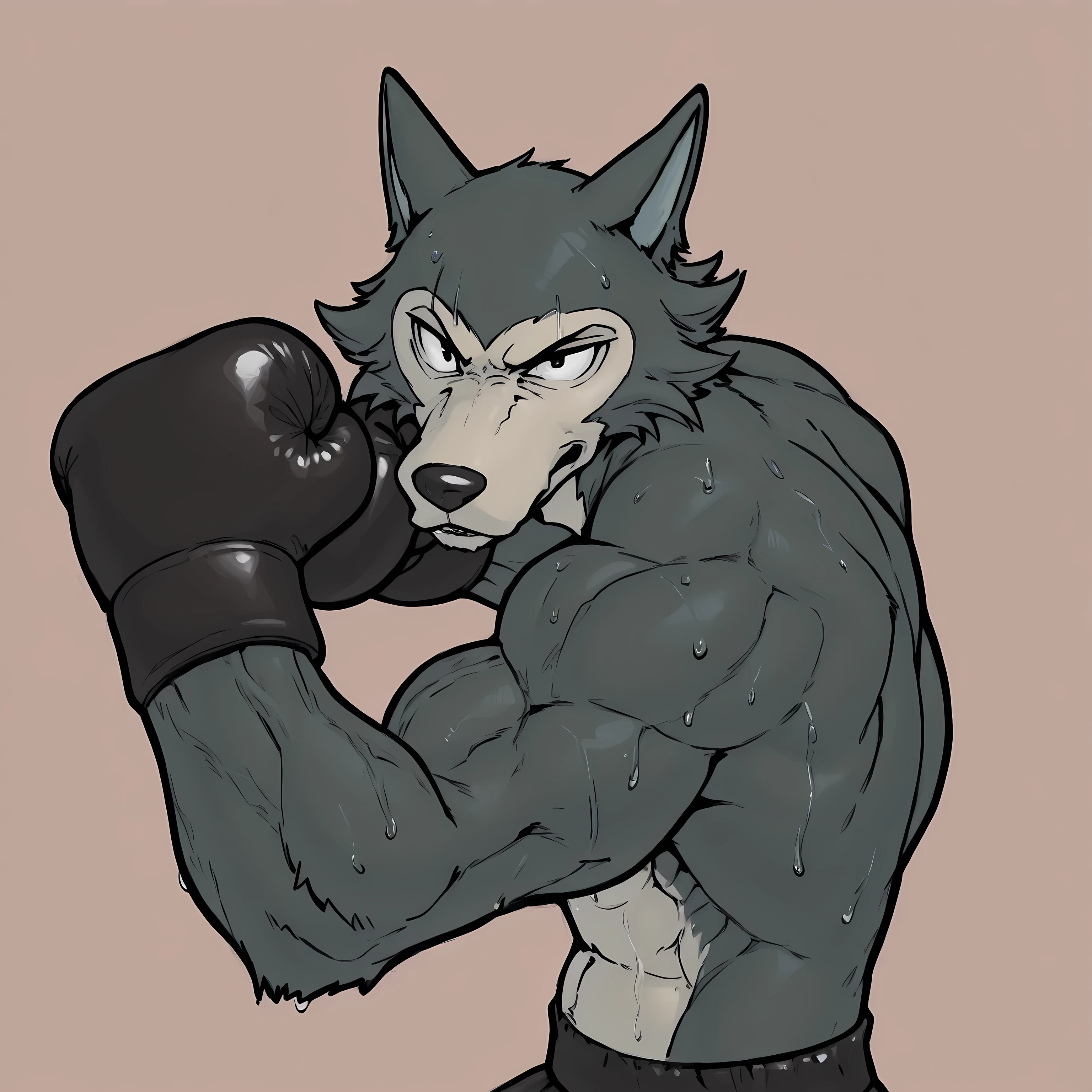 l3gosh1, beastars, male, solo, wolf, muscular, athletic, masculine, (small eyes), flat color, boxing_gloves, boxing_trunks, simple background, sweaty body, veiny arms, bulging muscles, boxing stance, dynamic pose, boxing, (black outline), punching, boxing_pov