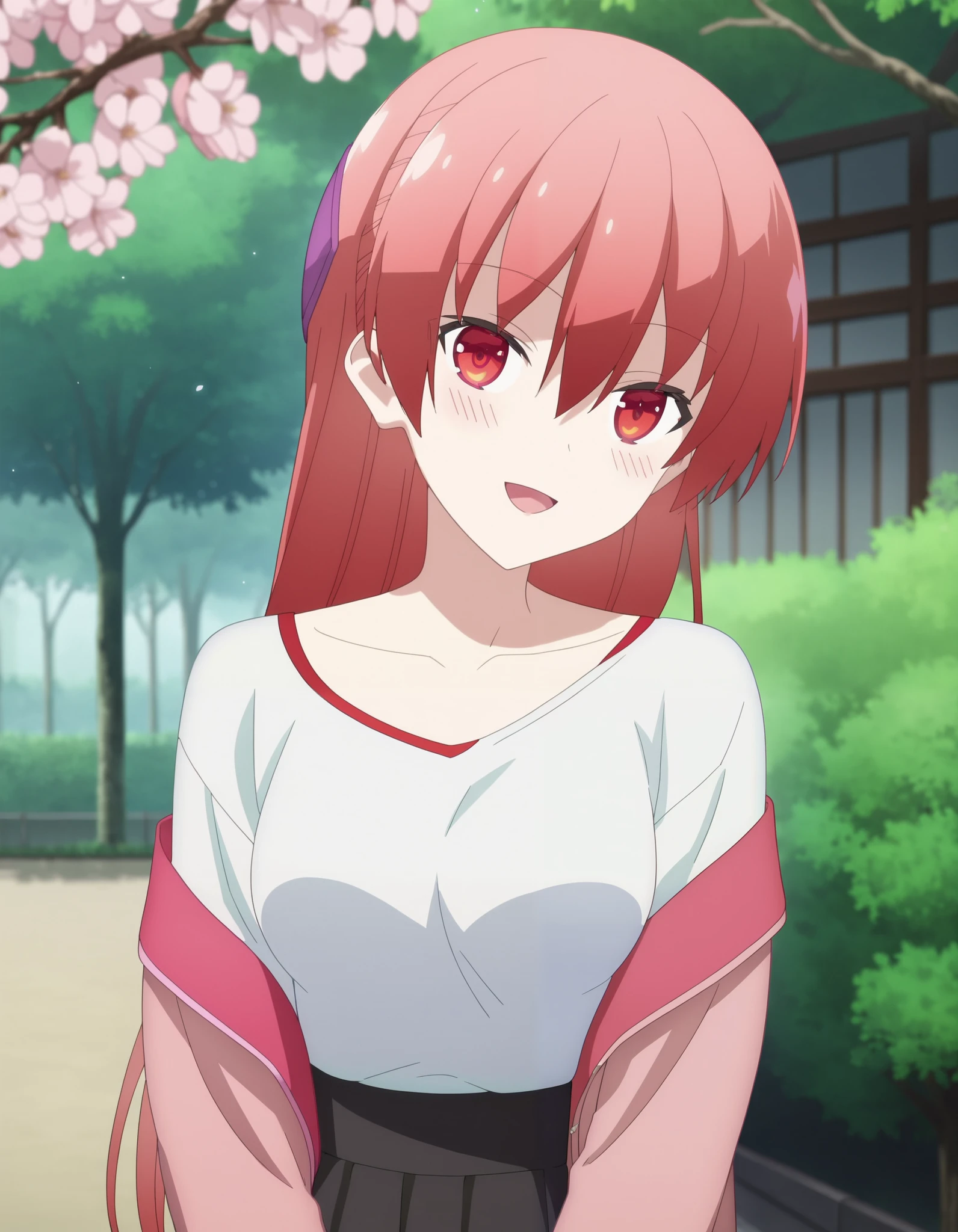 score_9, score_8_up, score_7_up, source_anime, rating_safe, , anime screencap, anime coloring, depth of field, 1girl, solo, tsukasa_yuzaki, red hair, red eyes, black skirt, blurry, blurry foreground, blush, branch, breasts, cherry blossoms, collarbone, cowboy shot, depth of field, 265752? flower, hair between eyes, hands up, head tilt, jacket, long hair, long sleeves, looking at viewer, medium breasts, off shoulder, open mouth, pink jacket, shadow, shirt, sidelocks, skirt, sleeves past wrists, smile, standing, tree, white shirt