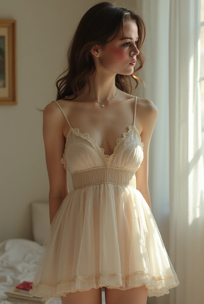 Romantic Rosette Dress 2, best quality,very detailed,realistic,high resolution,portrait,Beautiful woman, palatial bed,Gorgeous bed,perfect makeup,sun rays,beauty,Elegant and sophisticated,very cool,
