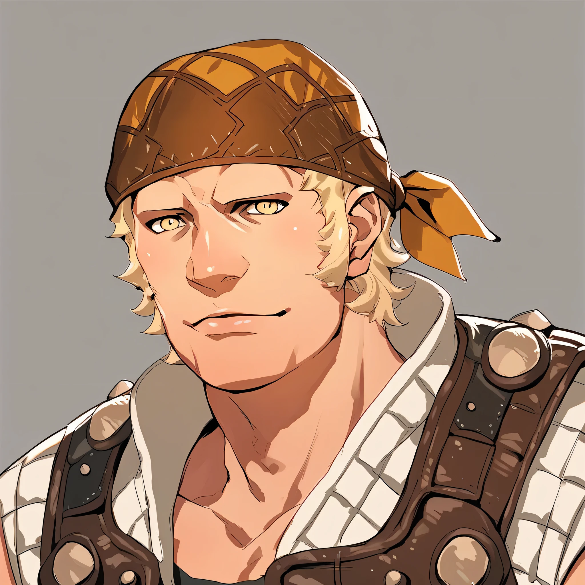 Solo Male , THRaph, sideburns, bandana, musculoskeletal々Male, short hair while on a business trip, yellow eyes, grey background,