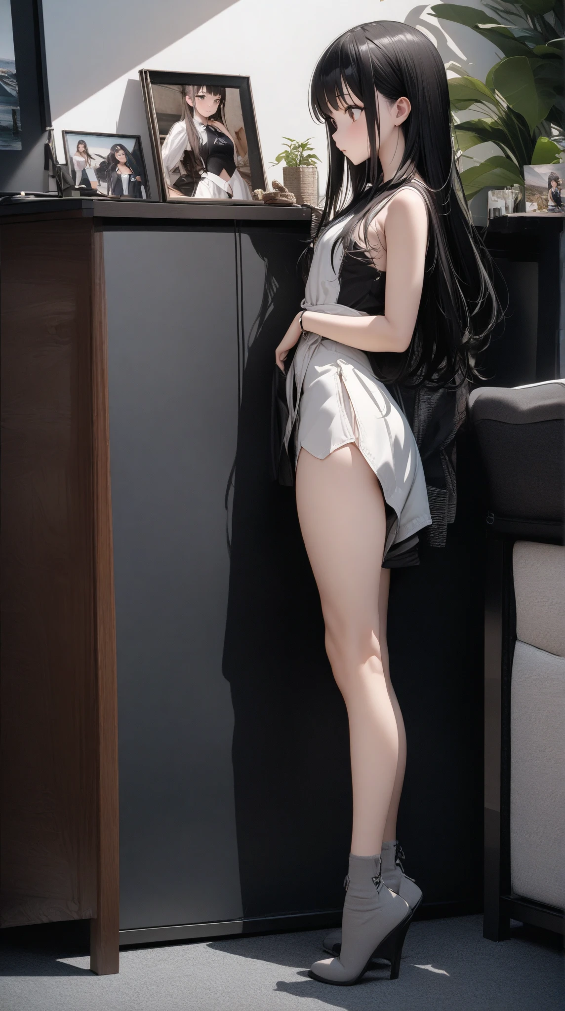 very detailed RAW color photo, (((1 girl))), (((alone))), (((30 years))), ((athletic)), ((very defined toned physique)), (((very detailed perfect body))), (((small and defined breasts))), (((ultra defined curves))), (((superior quality, 8k, masterpiece: 1.3)), sharp focus: 1.2, (((extremely beautiful girl with perfect figure: 1.4))), ((very thin waist: 1.2)), ultra detailed skin texture, ((smooth and soft skin)), ultra detailed fabric texture, extremely beautiful face ultra detailed, (((extremely beautiful))), intricate details, ultra detailed, (((girl wearing a white military-type t-shirt with skirt))), (((extra long straight brown hair))), extremely beautiful, (((extra long mane with bangs))), (hair on the face), (((hair ribbon)), dynamic pose, ((dress leaves thighs exposed)), ((ultra detailed legs)), (((ultra detailed waist))), (((very wide hips))), (((very thick thighs))), (sexy), (((extreme hourglass figure))), (((very thick heart lips))), ((red lipstick)), ultra detailed lips, ultra detailed blue eyes, ((angry look)), (((staring at the viewer))), ultra detailed provocative mouth, extremely beautiful seductive lips, ((blushing)), (makeup), (((ultra-defined waist))), eye shadow, (full body shot), (military boots)