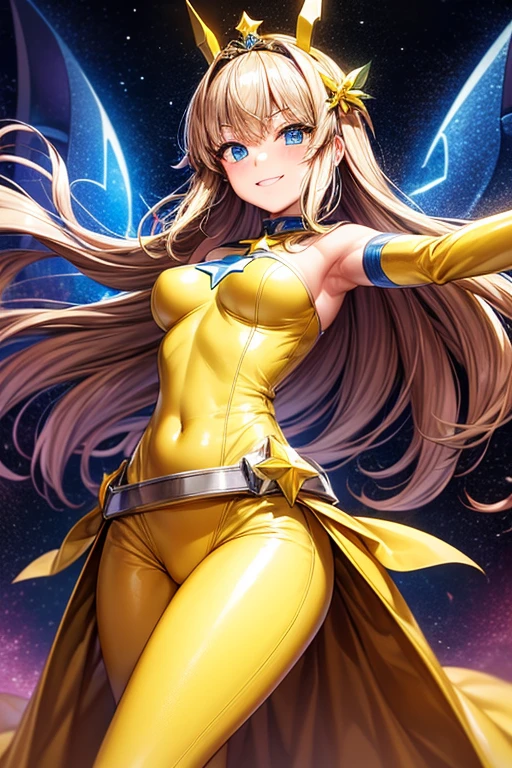 cel shading, 1girl, woman, scifi, crystalcore, star empress, full body, wearing ultra deep color:lightyellow jumpsuit, bombshell hair, ultra light color:mistyrose and orange hair, parted bangs, thicc athletic build, large breasts, caucasian