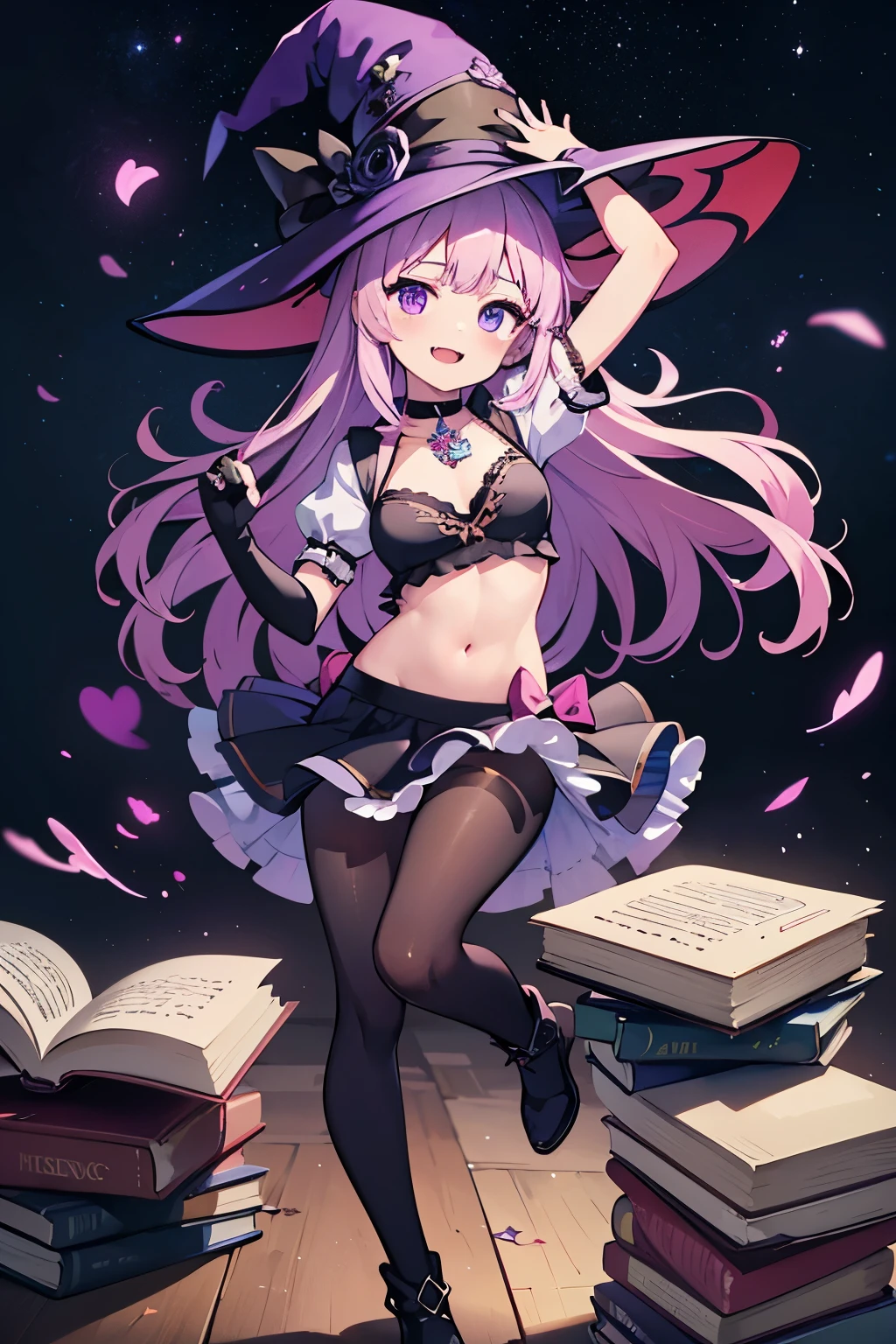 succubus girl, cat girl, witch clothes, frill top, magic witch outfit, mesh suit under clothes, elegant design, frill clothing, navel exposed, levitating witch pose, refined accessories in clothing, witch dress, frilled top, short sleeves, large skirt, mysterious and magical aura, frill wrist gloves, masterpiece, best quality, detailed, very aesthetic, sharp focus, depth of field, vibrant colors, ray tracing, best lighting, detailed illustration, detailed background, anime fangs, cinematic, beautiful face, 1girl, 1 arm up pointing at herself, black footwear, black hat, black pantyhose, book, boots, navel, flower, hair ribbon, hair spread out, hat, magic jewelry, knee boots, long hair, looking at viewer, nail polish, choker, open book, ornate border, black purple pantyhose, paper, purple flower, purple nails, purple ribbon, ribbon, shoes, smile, space, star (sky), thighs, witch hat, lamiapgr, enchanted hair, elegant long hair, elegant hairstyle, long shot, wide shot, full body, dramatic lighting, dramatic shadows, unreal engine, blender render,glowneon, glowing, sparks, lightning,score_9, score_8_up, score_7_up, source_anime, 