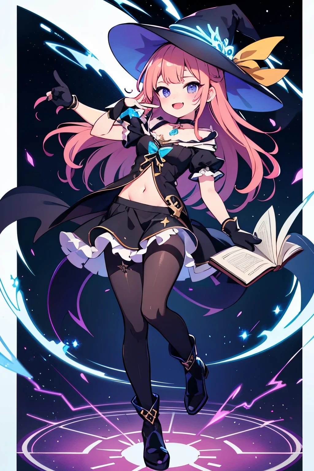 succubus girl, cat girl, witch clothes, frill top, magic witch outfit, mesh suit under clothes, elegant design, frill clothing, navel exposed, levitating witch pose, refined accessories in clothing, witch dress, frilled top, short sleeves, large skirt, mysterious and magical aura, frill wrist gloves, masterpiece, best quality, detailed, very aesthetic, sharp focus, depth of field, vibrant colors, ray tracing, best lighting, detailed illustration, detailed background, anime fangs, cinematic, beautiful face, 1girl, 1 arm up pointing at herself, black footwear, black hat, black pantyhose, book, boots, navel, flower, hair ribbon, hair spread out, hat, magic jewelry, knee boots, long hair, looking at viewer, nail polish, choker, open book, ornate border, black purple pantyhose, paper, purple flower, purple nails, purple ribbon, ribbon, shoes, smile, space, star (sky), thighs, witch hat, lamiapgr, enchanted hair, elegant long hair, elegant hairstyle, long shot, wide shot, full body, dramatic lighting, dramatic shadows, unreal engine, blender render,glowneon, glowing, sparks, lightning,score_9, score_8_up, score_7_up, source_anime,
