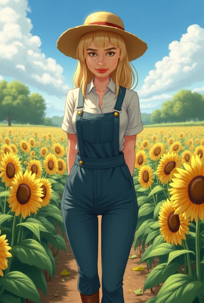 jeune, androgyne, visage souriant, des yeux souriants, Bouger, looking back, surrounded by wheat fields, tenant un tournesol, se couvrir les yeux avec le tournesol, Marcher sur un sentier, tenant un tournesol dans leur main, covering their eye with the sunflower