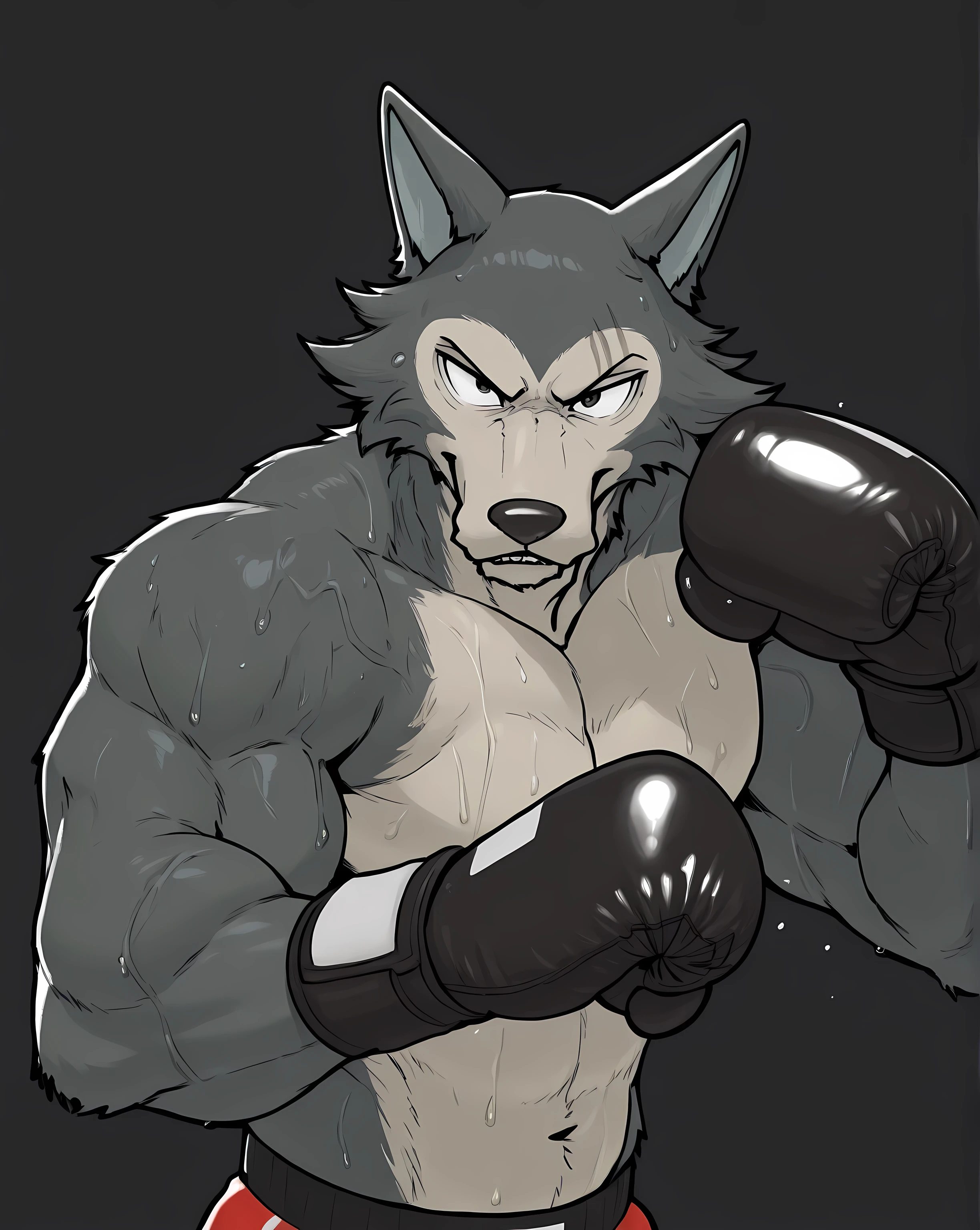 l3gosh1, beastars, male, solo, wolf, muscular, athletic, masculine, (small eyes), flat color, boxing_gloves, boxing_trunks, simple background, sweaty body, veiny arms, bulging muscles, boxing stance, dynamic pose, boxing, (black outline), punching,