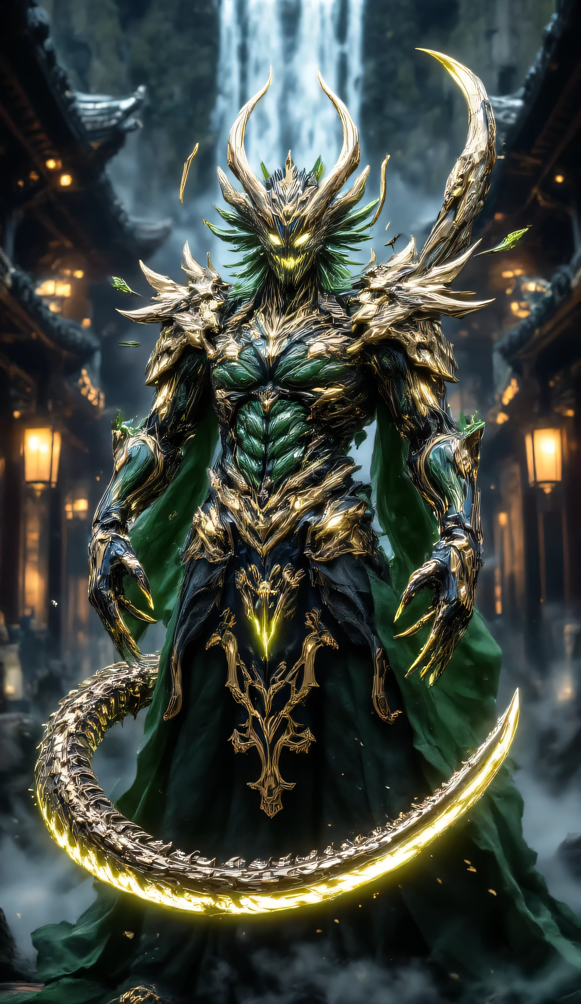 There is a green dragon,A gold crown is worn on his head, Japanese mascot 3D model, guan yu, Ashura,From Chinese mythology, Inspired by Hu Zaobin, Golden green creature, Temple of the Mantis Head Monster, God of Wealth, Onmyoji, 3D toys Aztec gods as funco toys, chi-gong, Onmyoji portrait