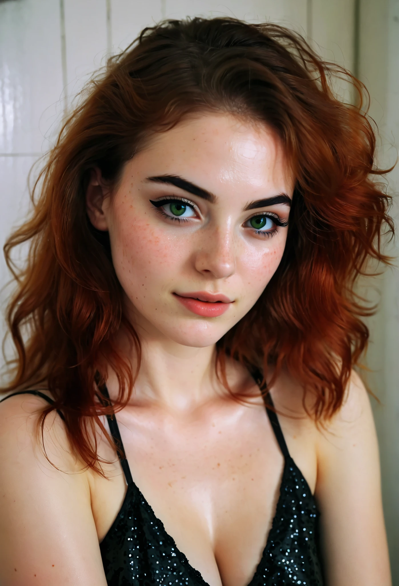 photo, (((22 years old))), australian woman, short hair, ((((redhead hair)))), ((dark green eyes)), ((((small tits)))),  ((((supermodel face)))), ((((kneeling, looking upwards to the camera)))), ,,,,, [8K, Best Quality, Masterpiece, Ultra High Resolution, (highly detailed CG unity 8k wallpaper), (best photo), isometric 3D, octane rendering, ray tracing, highly detailed, Realistic hands. Blurred foreground], naked, bedroom, well illuminated