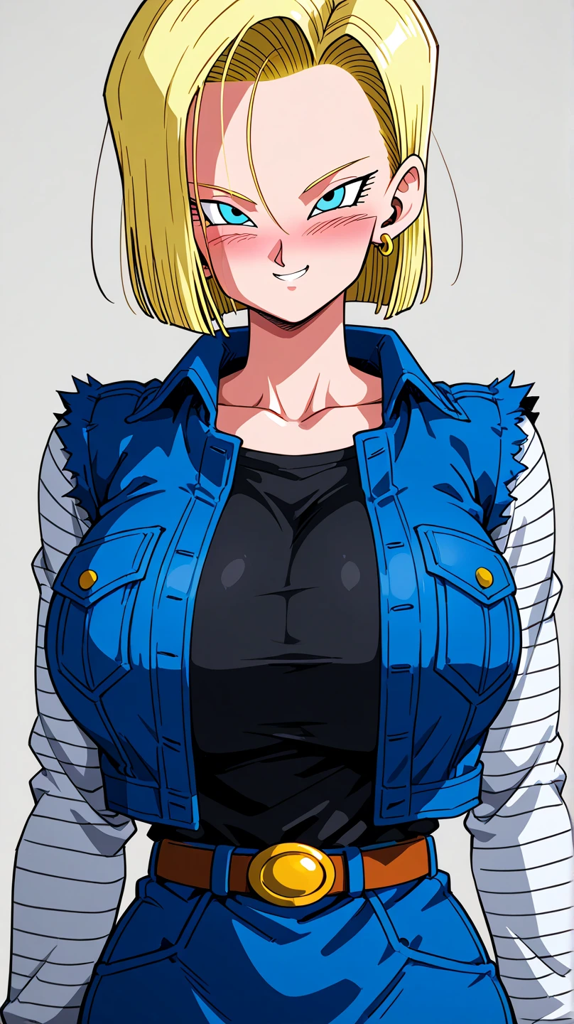 Masterpiece, detailed, high quality, high resolution, detailed face, 1girl, solo, blushing, smiling shyly, beautiful face, appealing look, Android 18 (Dragon ball Z), huge breasts, android 18, zzAndroid18, blue eyes, blonde hair, short hair, jacket, denim, denim jacket, black top underneath, jewelry, earrings, long sleeves, shirt, skirt, belt, stripes, upper half body, looking at the viewer, facing viewer, plain white background 