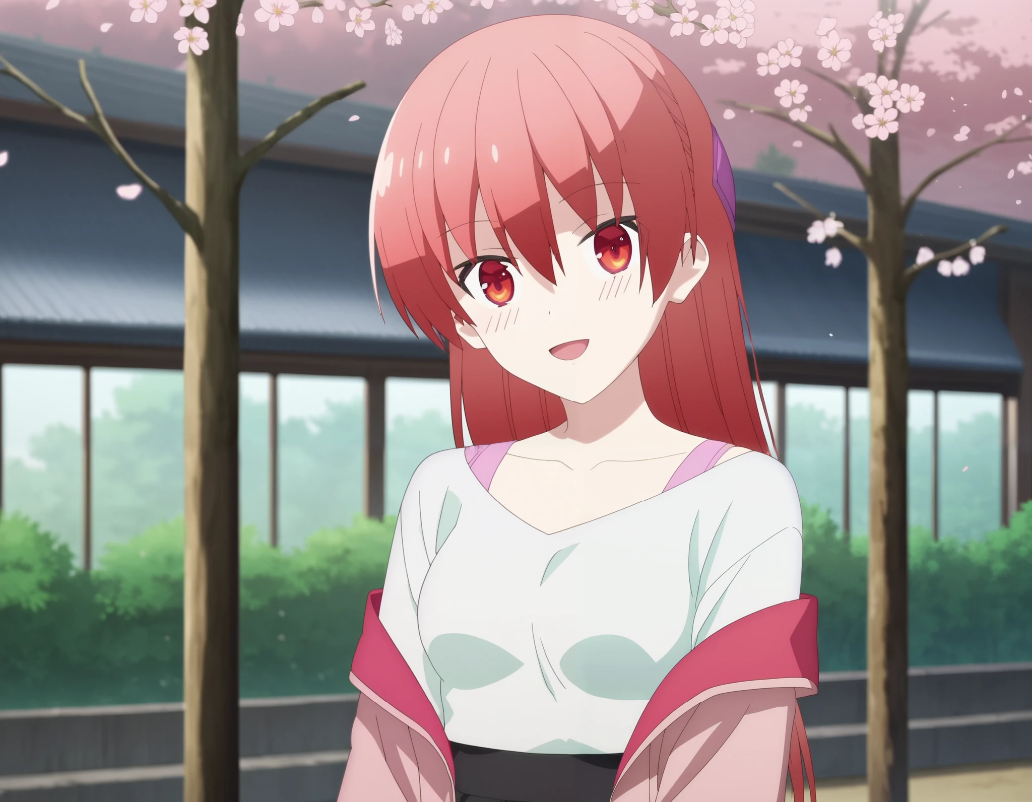 score_9, score_8_up, score_7_up, source_anime, rating_safe, , anime screencap, anime coloring, depth of field, 1girl, solo, tsukasa_yuzaki, red hair, red eyes, black skirt, blurry, blurry foreground, blush, branch, breasts, cherry blossoms, collarbone, cowboy shot, depth of field, flower, hair between eyes, hands up, head tilt, jacket, long hair, long sleeves, looking at viewer, medium breasts, off shoulder, open mouth, pink jacket, shadow, shirt, sidelocks, skirt, sleeves past wrists, smile, standing, tree, white shirt