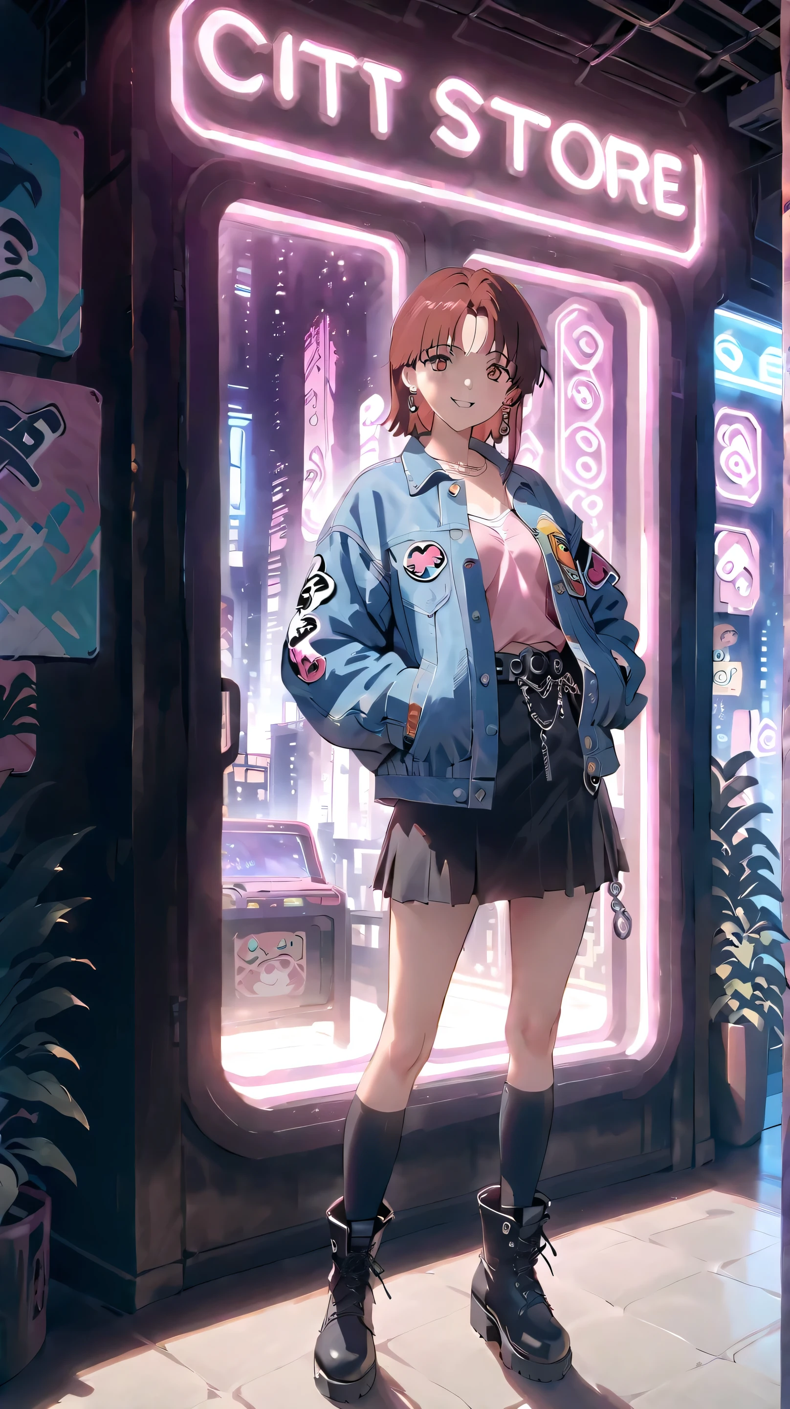 masterpiece: 1girl,{extremely_beautiful_detailed_anime_face},{ultra-detailed:1.9},refined_details_on_the_face,perfect_and_detailed_eyes_blue,Open and_detailed_smile,detailed_body,{ anatomically correct }. maximum_quality.masterpiece.ultra_detailed. 4k,ultra_high_resolution. refined_details_on_the_face_perfect. anime_90s_style,anime_90s,
location: Video Game Store retro
Época: Evening, city lights , 90's style
Decorative Elements :
Objects or details : city lights , un auto
anime/ character! destacado: You and me, character!: Sawako Kuronuma
Visual Style :
Lighting: Neon light with a color palette of the 90s
Color palette : Mezcla de colores pastel y neón
character!s:
character!: Lain iwakura
Description of lain :
cuerpo completo
Hairstyle: brown bangs
Eyes : Browns with a challenging look typical of 90s girls
Smile : Challenging
Clothing : Denim jacket with punk design patches , short black skirt with chains , oversized stockings , black boots
Position and attitude : posing at the door of the video game venue , looking at the camera with a defiant attitude and seriousness . hands on the waist, Aggressive posture. Light focused on your head .
Environment and Background :
Video Game Store :
Large store with sign that says "bad boys" (in English)
facade: Retro style from the 90s with a design that highlights the sign
Background city: NEO TOKIO, futuristic city with skyscrapers , large buildings and neon lights . Visible graffiti walls . Night traffic .
atmosphere:
dense environment , cyberpunk style , with the city illuminated by neon lights and a nighttime atmosphere .1