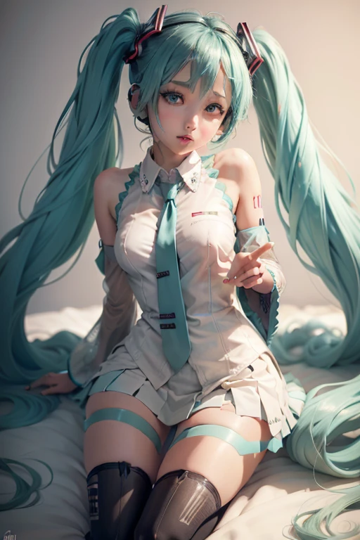 anime characters with blue hair and boobs and a skirt on their heads hatsune miku, long hair, thighhighs, detached sleeves, twintails, necktie, navel