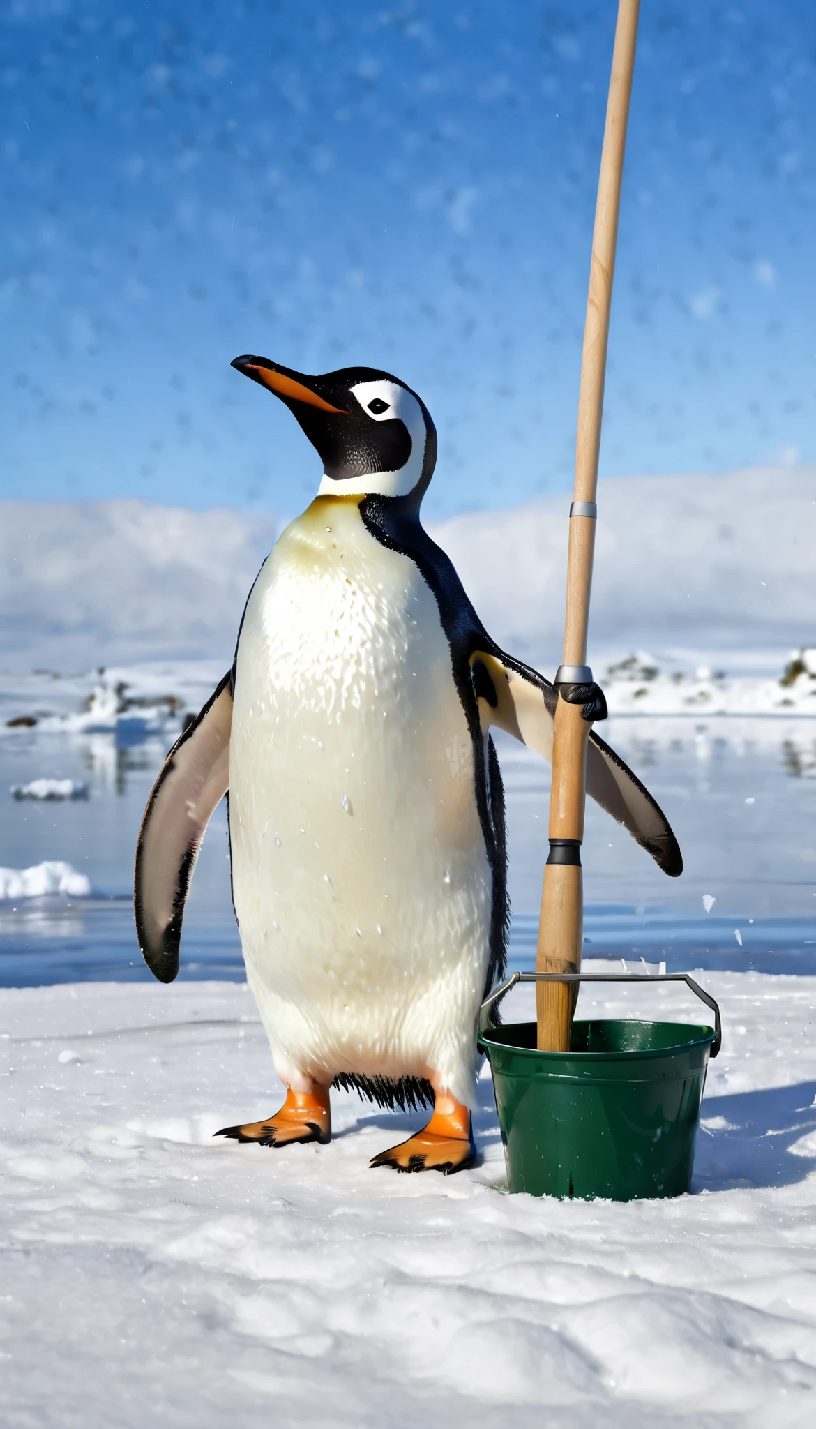 best quality, super high definition , ( photorealistic:1.4), RAW photo,bucket in hand,A cute penguin standing in a snowy outdoor setting, holding an oversized fishing rod and a bucket. The penguin looks slightly off-balance but determined, with an adorable and clumsy pose. The scene is bright and cheerful, with soft snow on the ground and a clear sky in the background, emphasizing the penguin's charm and enthusiasm, --with 9:16
