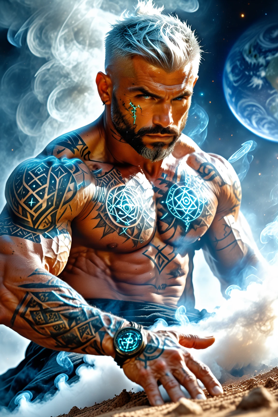 Handsome young man, 25 years old, Asia, Master's work, Best picture quality, higher quality, Highly detailed, Ultra high resolution, 8k resolution, delicate facial features, boy, Big muscles, tattoo, glowing eyes, short hair, hair details, [[Turn away, look to the side, Focus on homosexuality and pay attention to every detail. , Open Hanfu Sheer Gauze Jacket, White rubber pants, nighttime, starry sky, flying flowers. waterfall, mountain, dragon circle, Chinese patio background (((((Long, large convex crotch))))),Raise both arms.