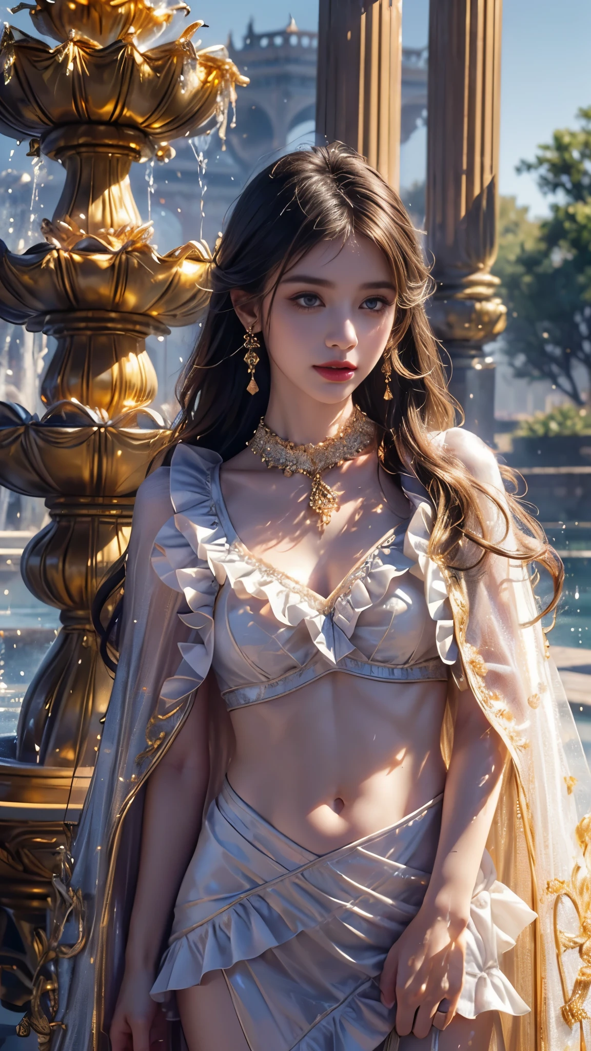 1 girl, good face, ultra long hair, detailed eyes, detailed lips, small breasts, (crystal outfit:1.5), translucent lace, (crystal ornament:1.5), (golden crystal outfit :1.5), Take photos by the crystal, ultra-realistic realism, color field printing, high details, hyper HD, cinematic lighting, 4k quality,