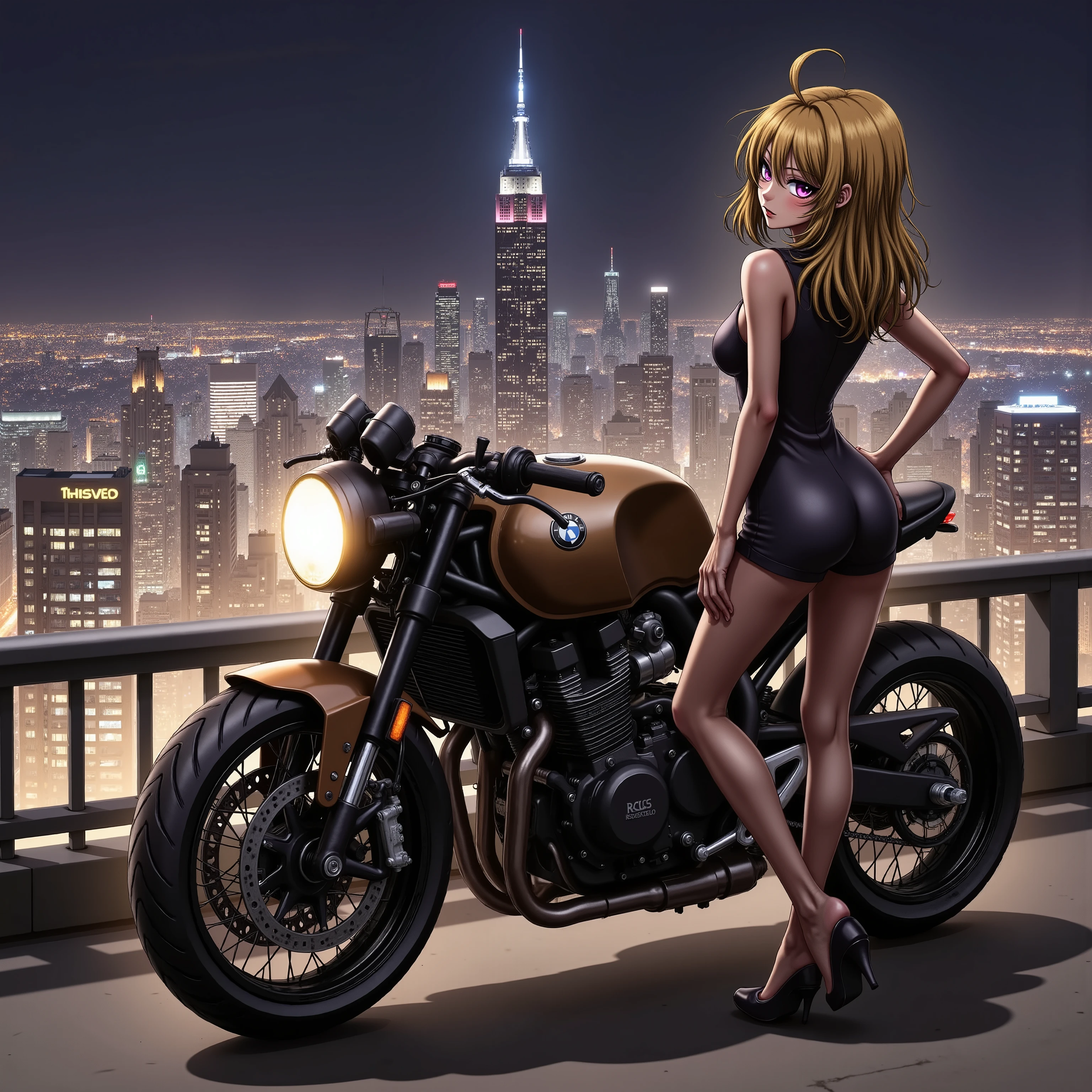  tuned cafe racer motorcycle,   matte brown skin ,  small breasts, video, yellow hair,  invitation,  top quality ,   textured skin,  thin legs  、  high heels、  movie light effect , Summit、 Big City Night View 