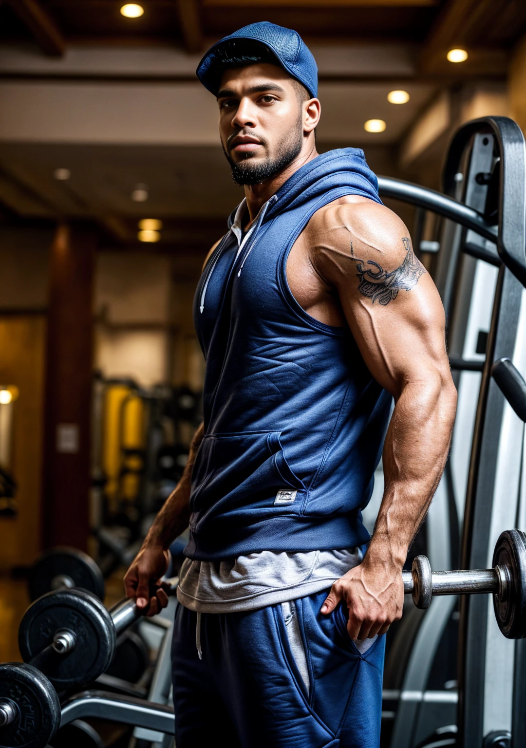 realistic, masterpiece, intricate details, detailed background, depth of field, photo of a handsome (australian man), gym, shirt, shorts, dynamic pose, sweaty, exercise, full body, ((facing viewer)),