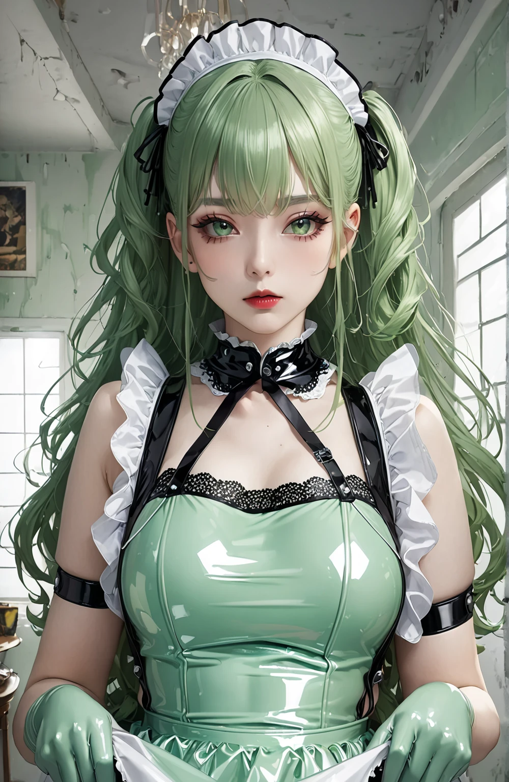 Shropshire, retrofit_(azur_lane), green hair, yellow eyes, long hair, high ponytail, hair ribbon, jabot, black dress, white pantyhose, black skirt, black sleeves, wide sleeves, white shirt, gothic dress, frilled skirt, huge breasts,