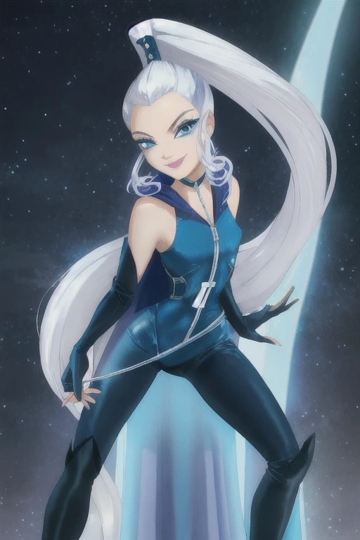 (Icy), blue eyes, white hair, ponytail, very long hair, eyeshadow, (WitchOutfit), sleeveless, (dark-blue bodysuit:1.2), knee boots, gloves, (long blue cloak), snow storm background, snowy background, mountains, blue ambience, snow powers, (realistic:1.2), (masterpiece:1.2), (full-body-shot:1),(Cowboy-shot:1.2), neon lighting, dark romantic lighting, (highly detailed:1.2),(detailed face:1.2), (gradients), colorful, detailed eyes, (detailed landscape:1.2), (natural lighting:1.2), close shot, solo, <lora:WinxClubIcy-10:0.9> <lora:add_detail:0.3> <lora:BeautifulEyes:0.6> <lora:WinxComiss_Style-15:0.6>